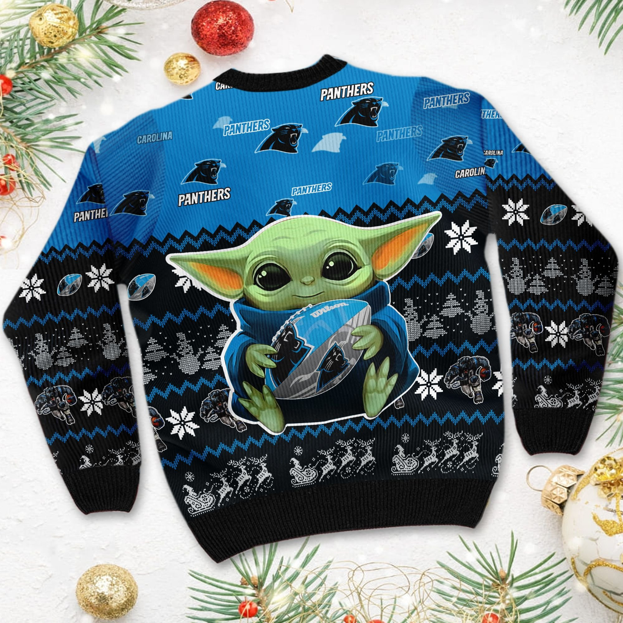 Carolina Panthers Baby Yoda Shirt For American Football Fans Ugly Christmas Sweater Adult 3D Funny Matching for family - Image 4