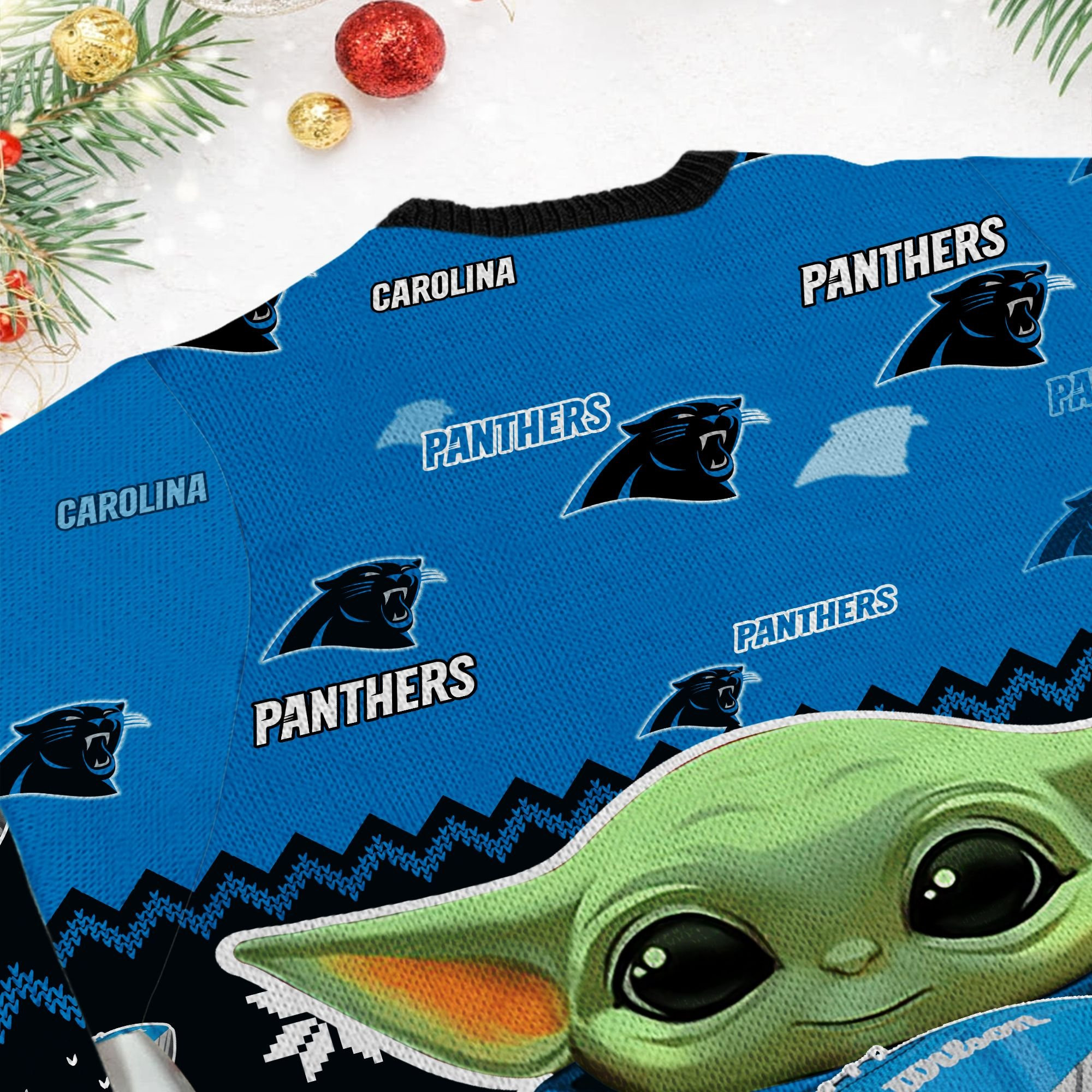 Carolina Panthers Baby Yoda Shirt For American Football Fans Ugly Christmas Sweater Adult 3D Funny Matching for family - Image 6