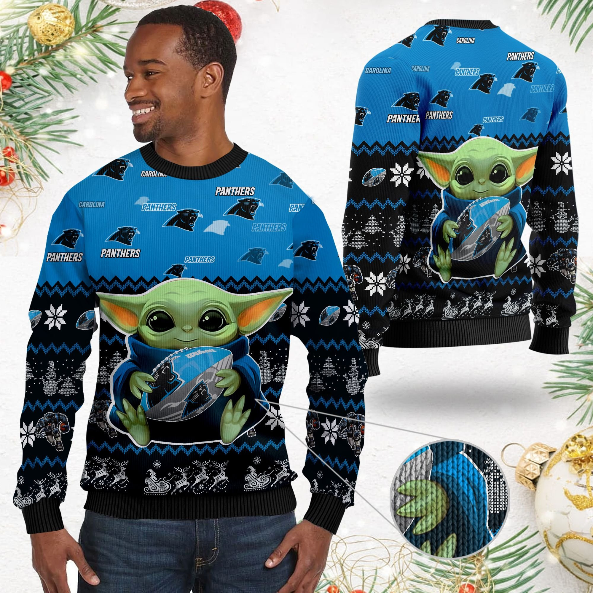 Carolina Panthers Baby Yoda Shirt For American Football Fans Ugly Christmas Sweater Adult 3D Funny Matching for family - Image 2