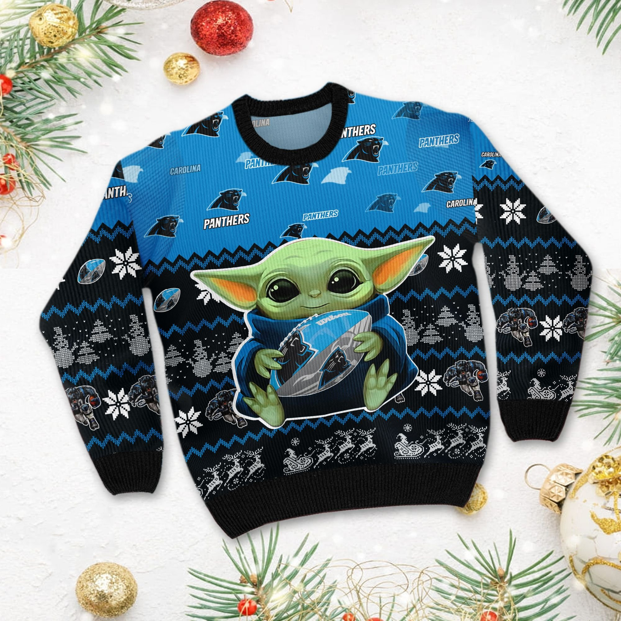 Carolina Panthers Baby Yoda Shirt For American Football Fans Ugly Christmas Sweater Adult 3D Funny Matching for family - Image 3