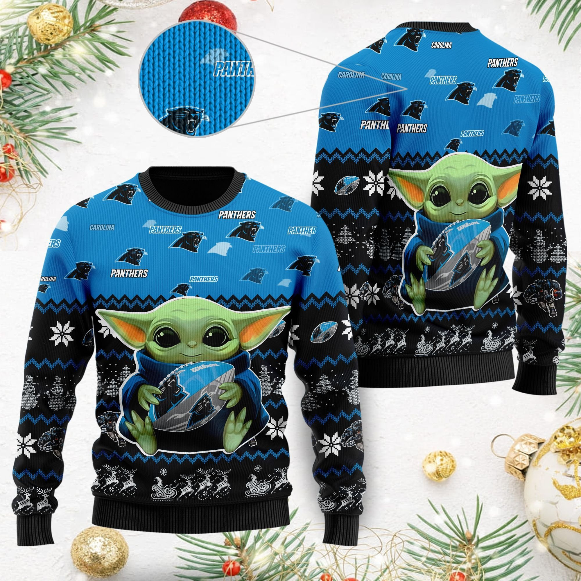 Carolina Panthers Baby Yoda Ugly Christmas Sweater Adult 3D Funny Matching for family