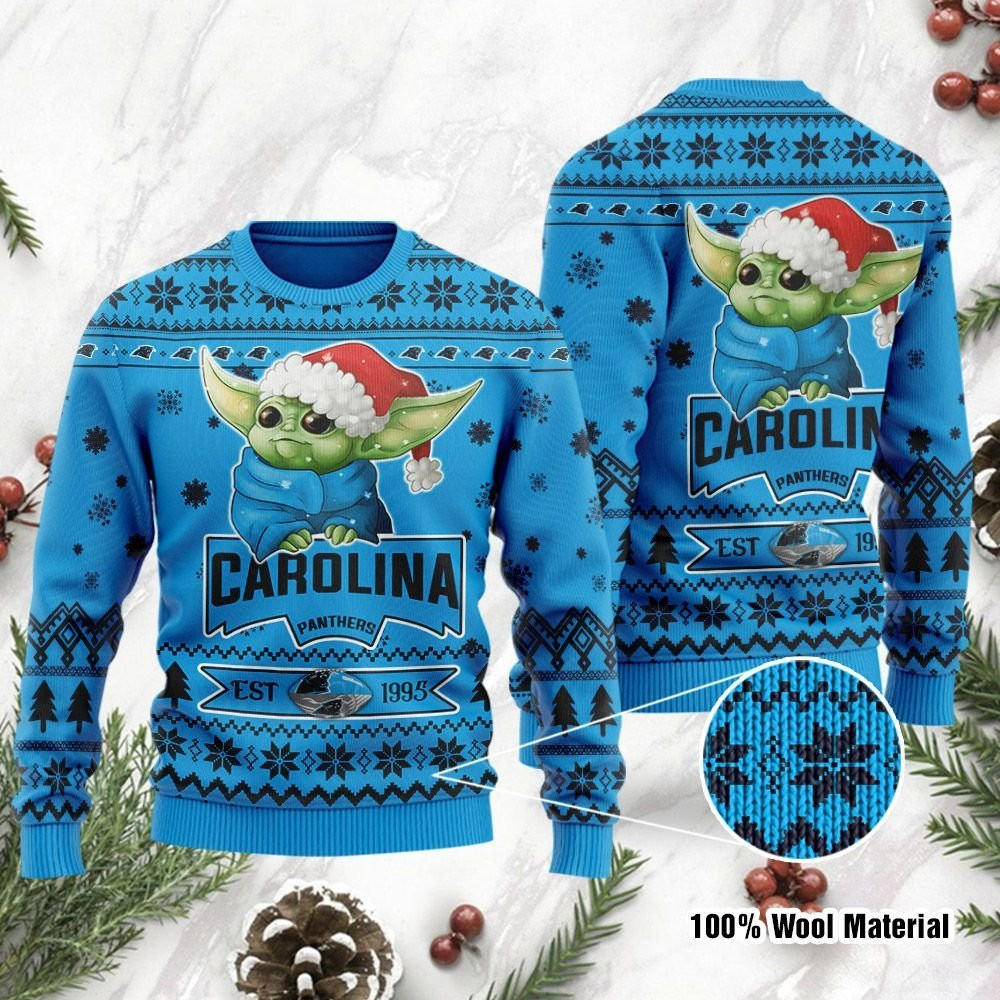 Carolina Panthers Cute Baby Yoda Grogu Holiday Party Ugly Christmas Sweater Adult 3D Funny Matching for family