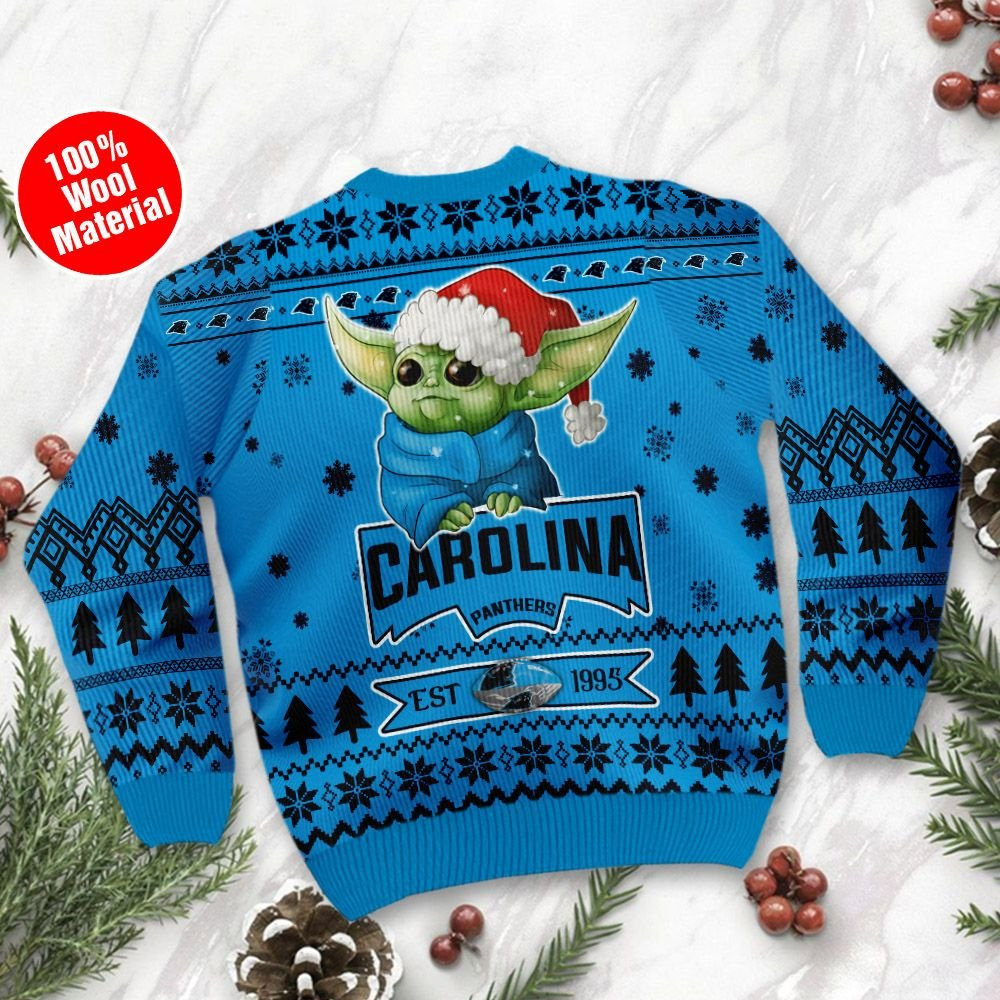 Carolina Panthers Cute Baby Yoda Grogu Holiday Party Ugly Christmas Sweater Adult 3D Funny Matching for family - Image 3