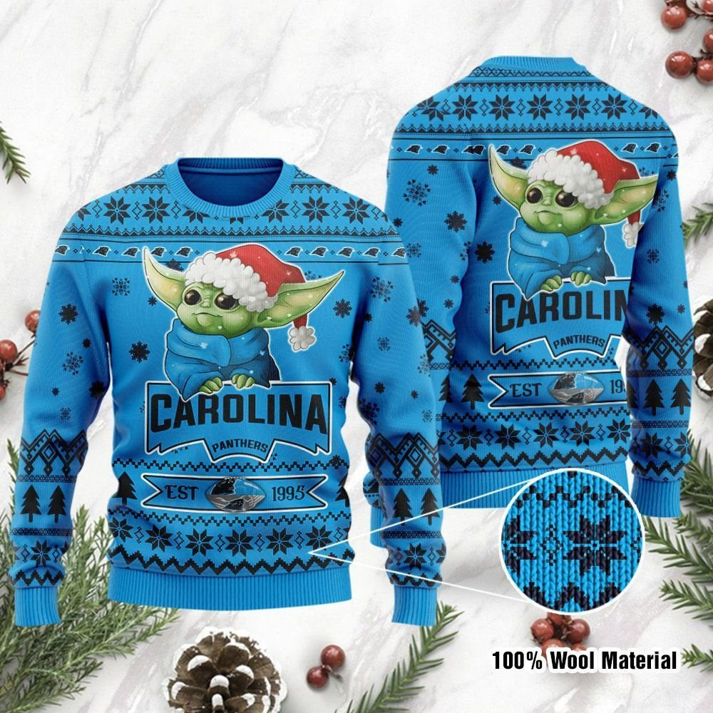 Carolina Panthers Cute Baby Yoda Grogu Ugly Christmas Sweater Adult 3D Funny Matching for family