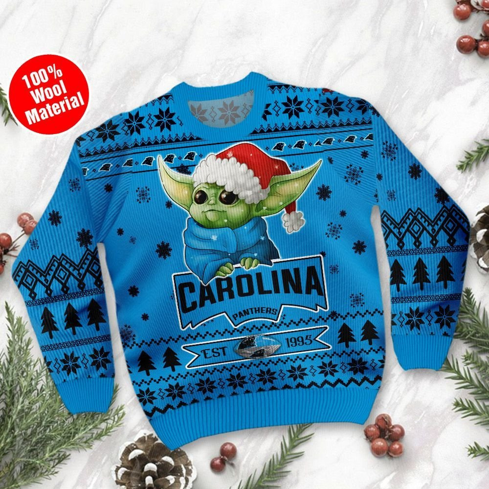 Carolina Panthers Cute Baby Yoda Grogu Ugly Christmas Sweater Adult 3D Funny Matching for family - Image 2