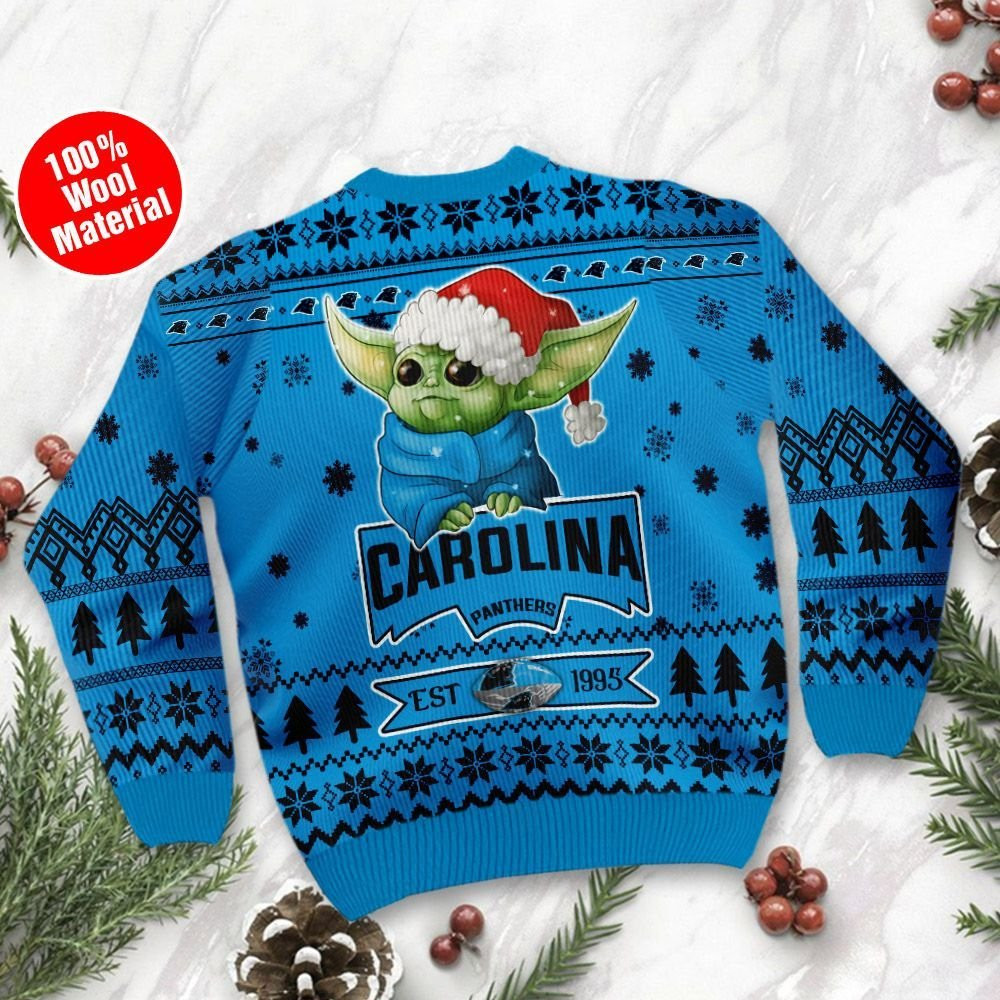 Carolina Panthers Cute Baby Yoda Grogu Ugly Christmas Sweater Adult 3D Funny Matching for family - Image 3