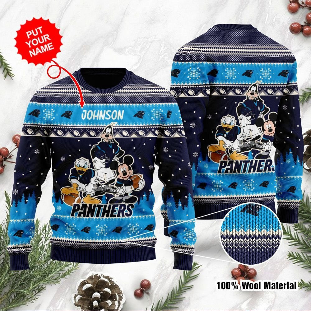 Carolina Panthers Disney Donald Duck Mickey Mouse Goofy Personalized Ugly Christmas Sweater Adult 3D Funny Matching for family