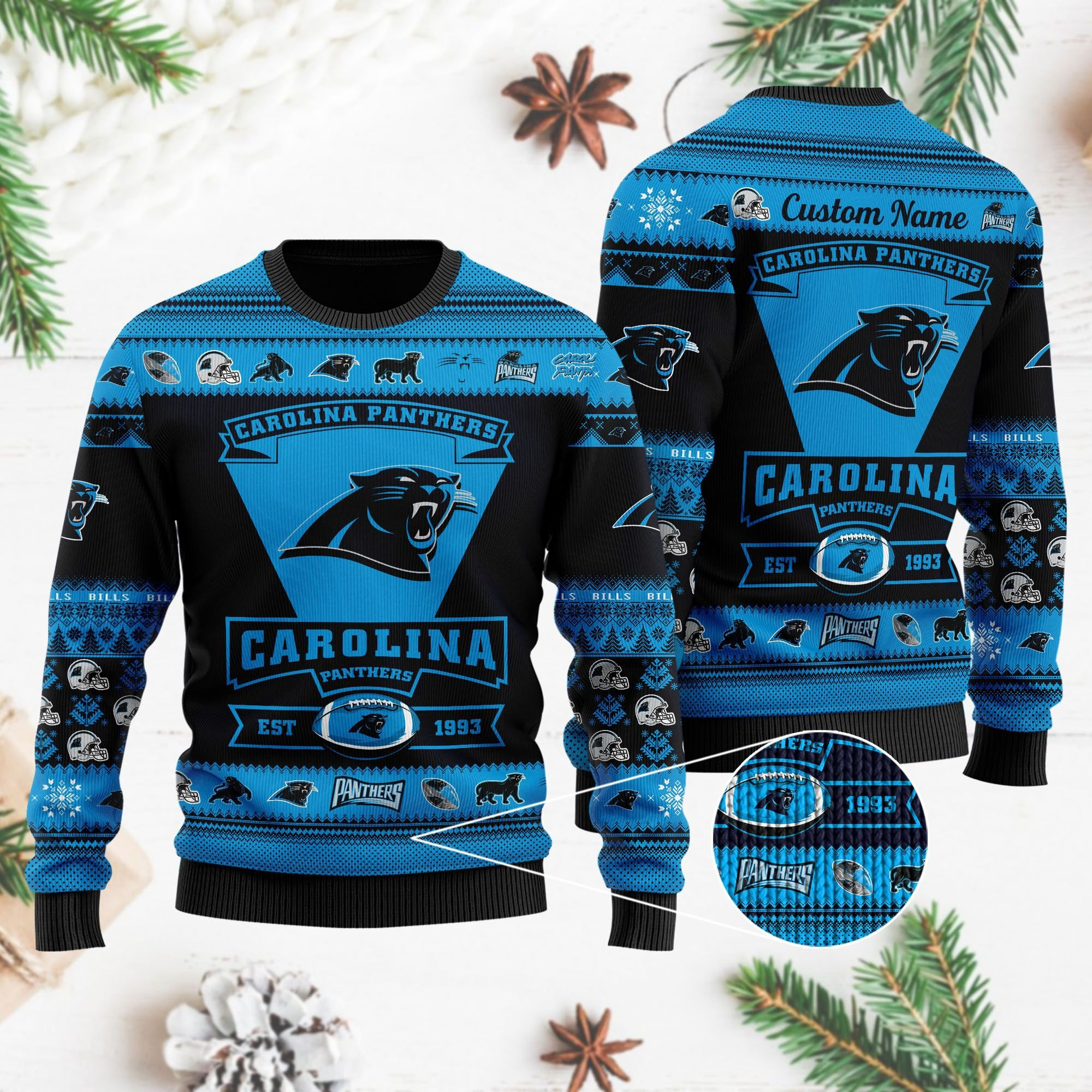 Carolina Panthers Football Team Logo Custom Name Personalized Ugly Christmas Sweater Adult 3D Funny Matching for family