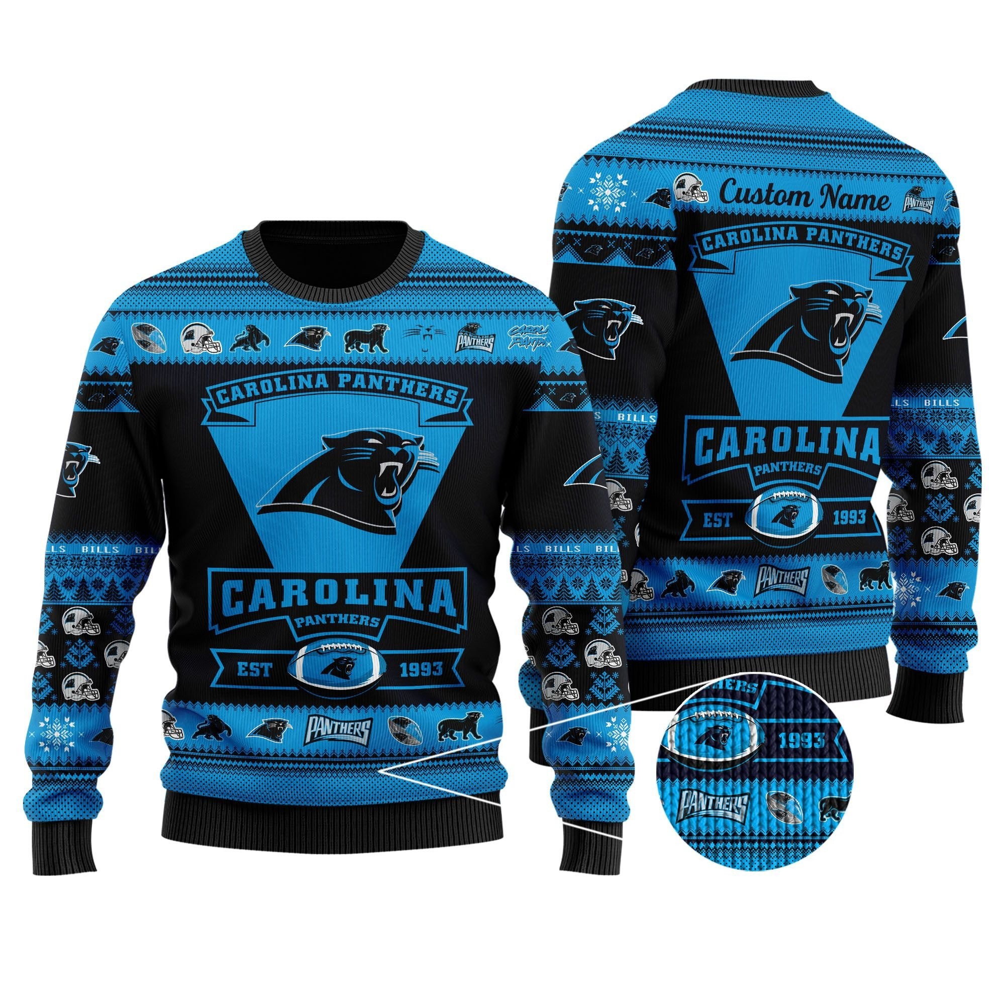 Carolina Panthers Football Team Logo Custom Name Personalized Ugly Christmas Sweater Adult 3D Funny Matching for family - Image 2