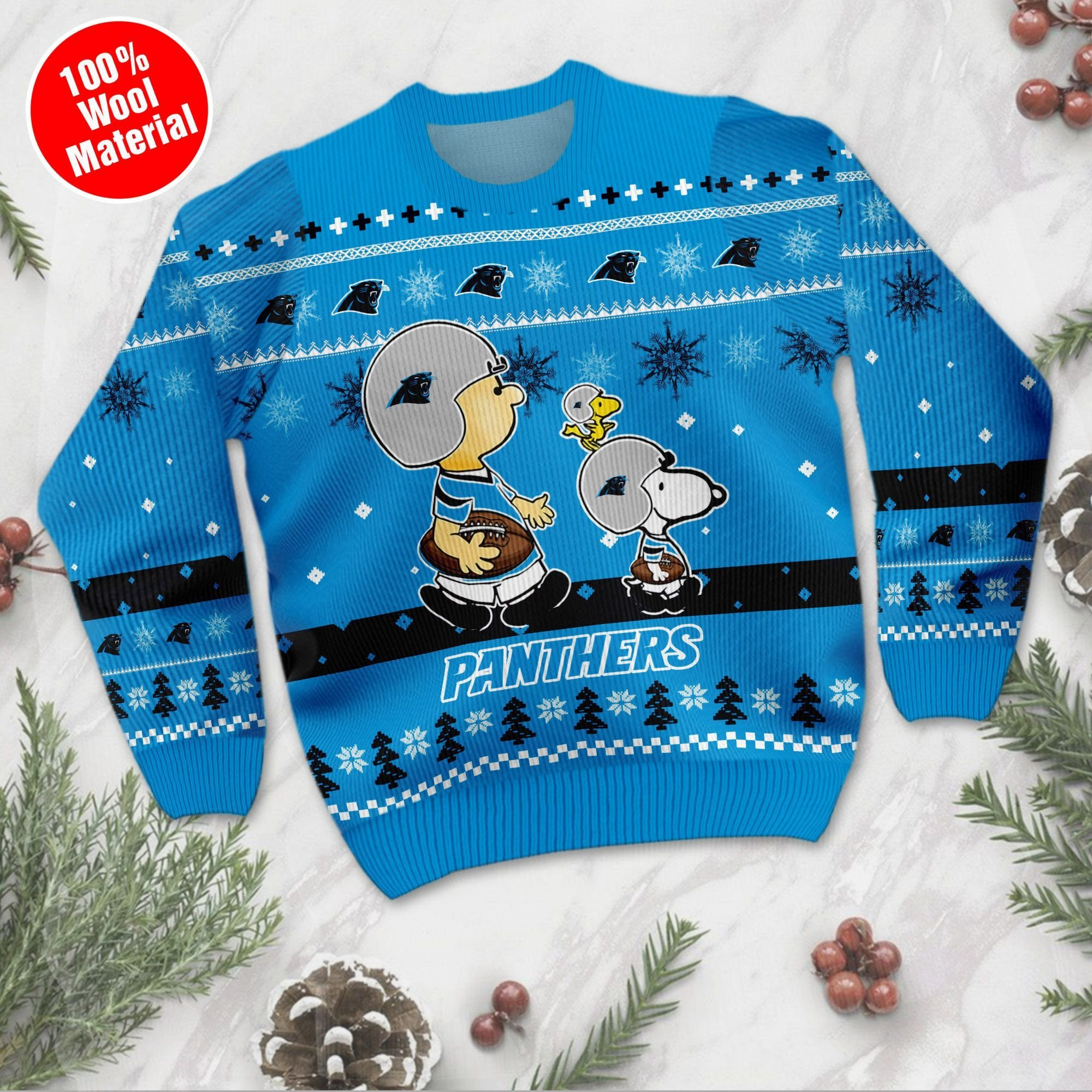 Carolina Panthers Funny Charlie Brown Peanuts Snoopy Ugly Christmas Sweater Adult 3D Funny Matching for family - Image 2