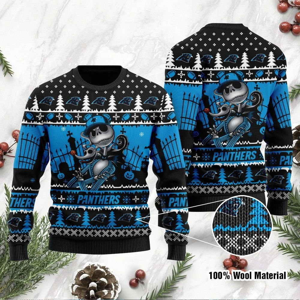 Carolina Panthers Jack Skellington Halloween Holiday Party Ugly Christmas Sweater Adult 3D Funny Matching for family