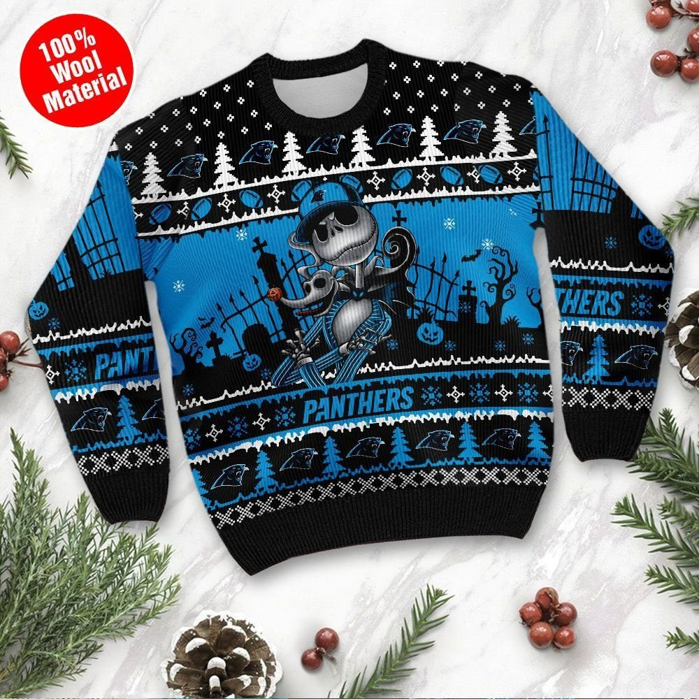 Carolina Panthers Jack Skellington Halloween Ugly Christmas Sweater Adult 3D Funny Matching for family - Image 2