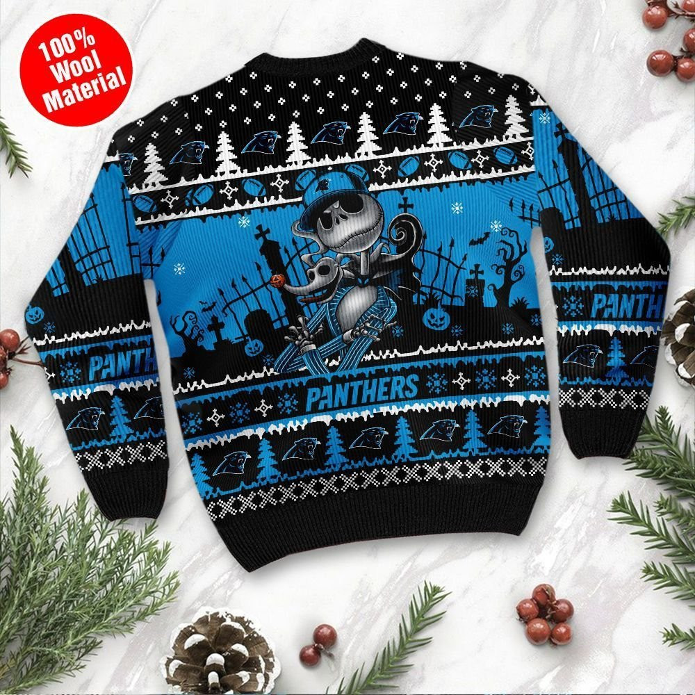 Carolina Panthers Jack Skellington Halloween Ugly Christmas Sweater Adult 3D Funny Matching for family - Image 3