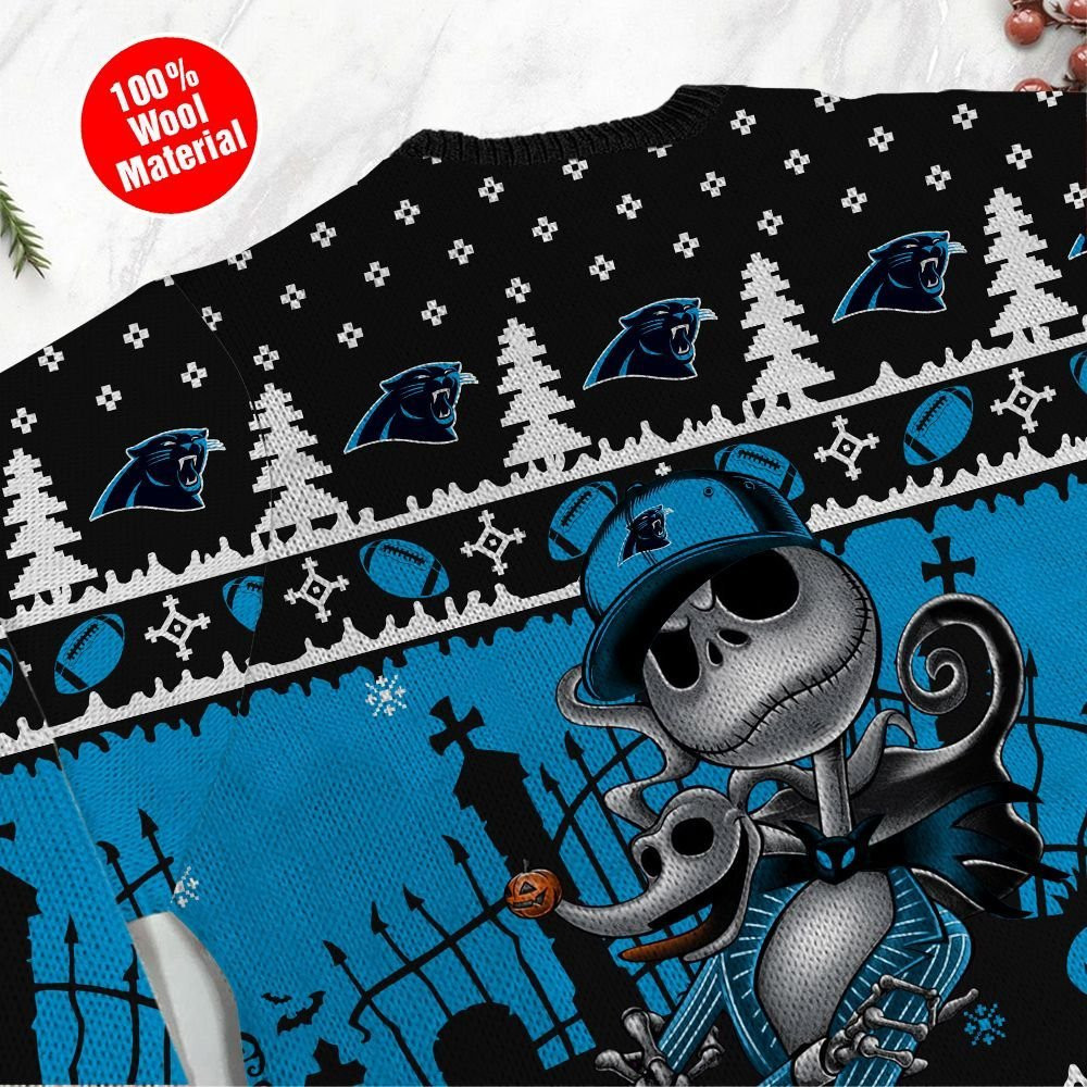Carolina Panthers Jack Skellington Halloween Ugly Christmas Sweater Adult 3D Funny Matching for family - Image 5