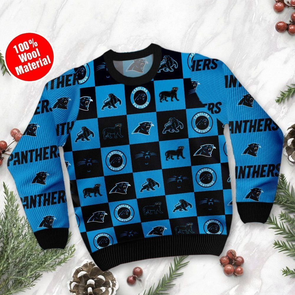 Carolina Panthers Logo Checkered Flannel Design Ugly Christmas Sweater Adult 3D Funny Matching for family - Image 2