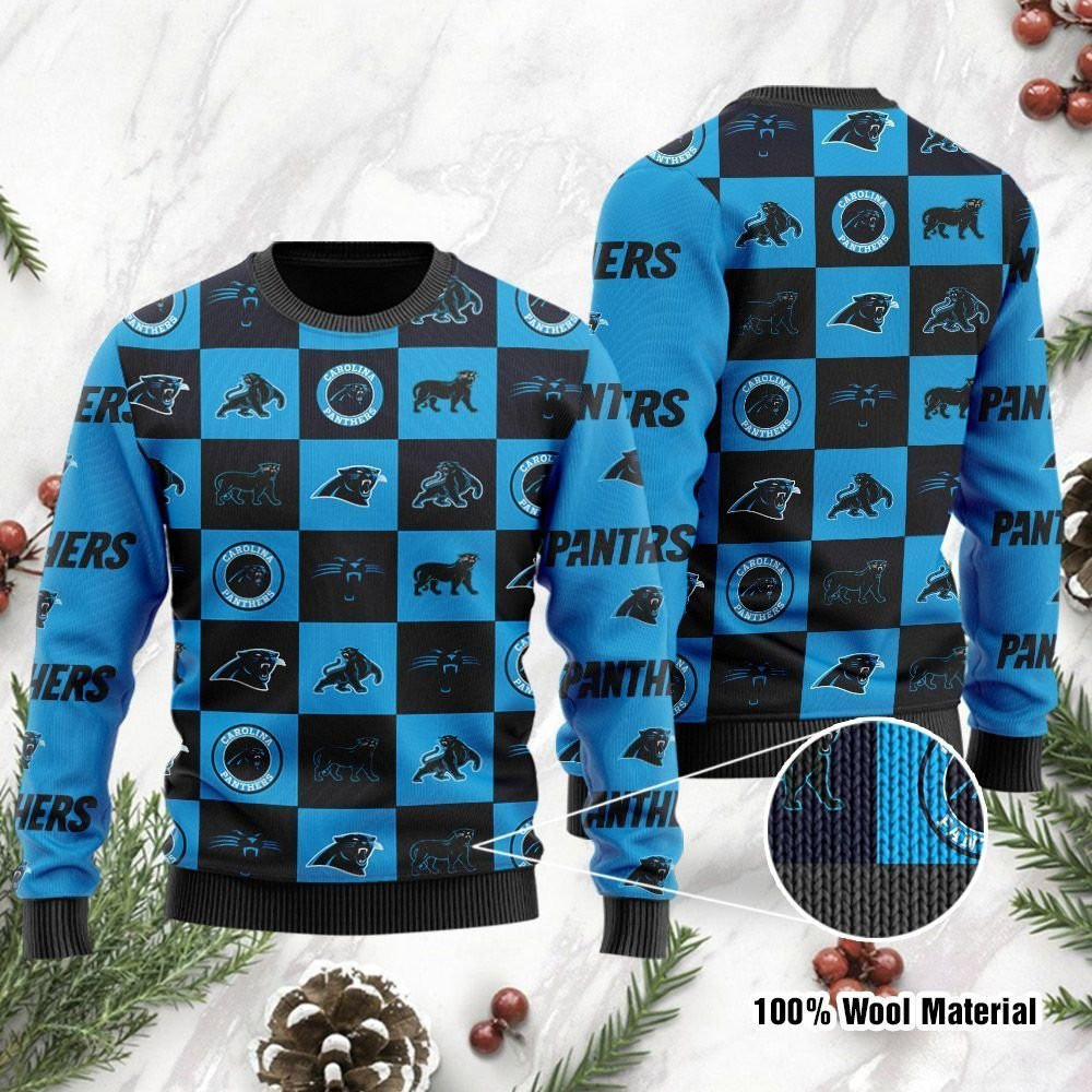 Carolina Panthers Logo Checkered Flannel Design Ugly Christmas Sweater Adult 3D Funny Matching for family