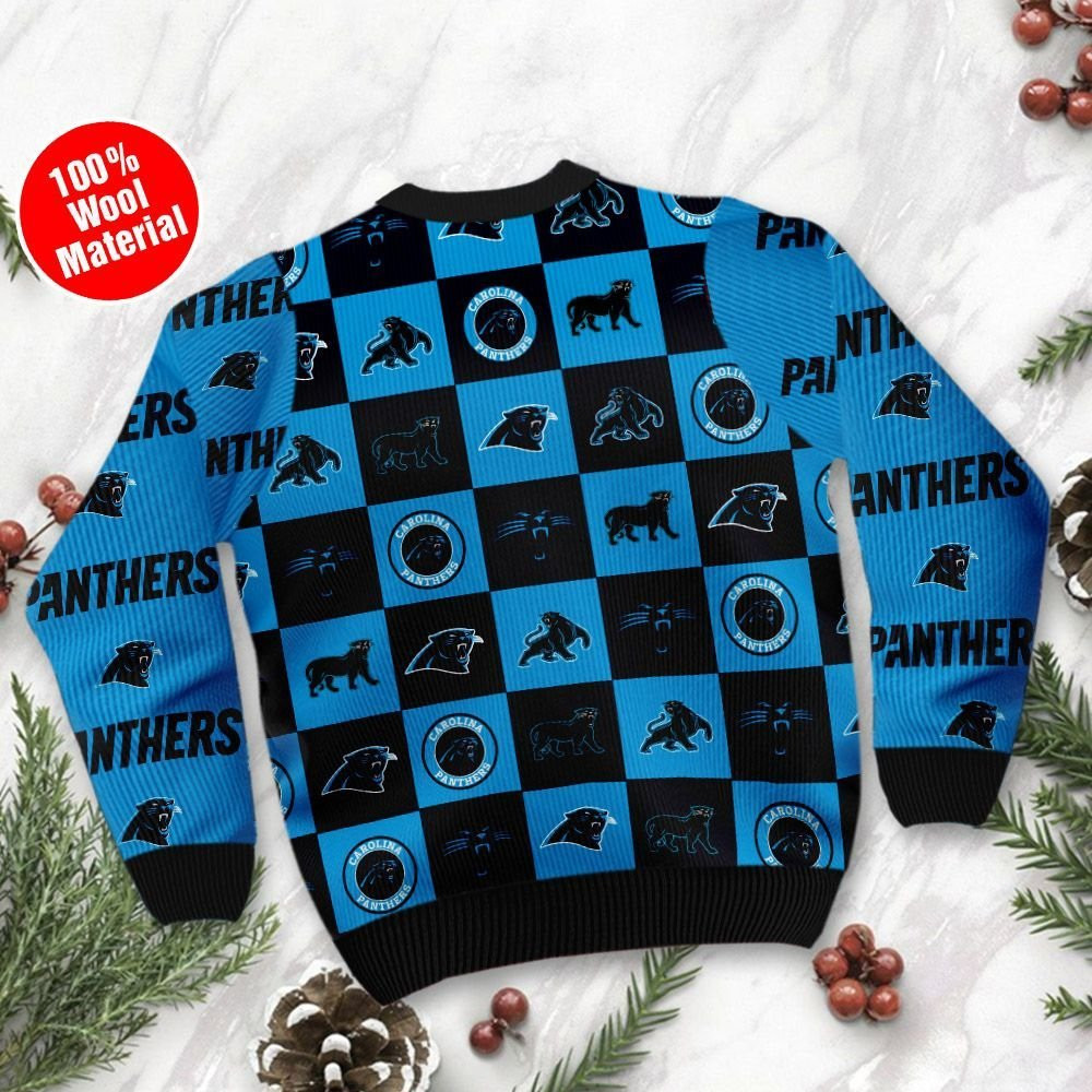 Carolina Panthers Logo Checkered Flannel Design Ugly Christmas Sweater Adult 3D Funny Matching for family - Image 3