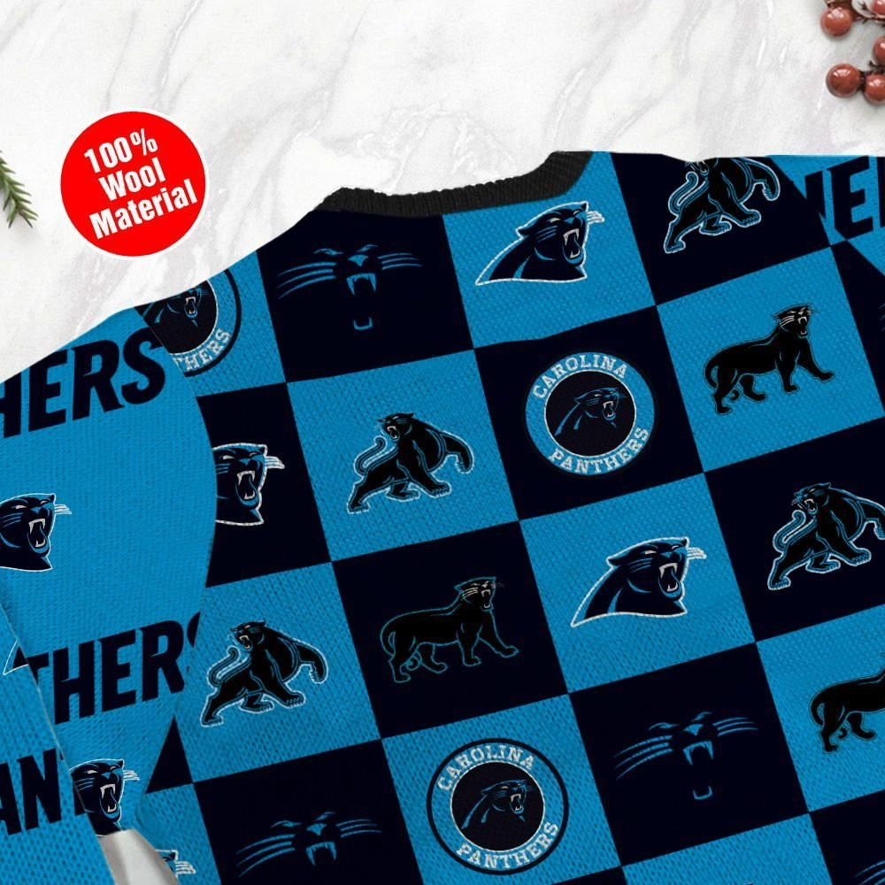 Carolina Panthers Logo Checkered Flannel Design Ugly Christmas Sweater Adult 3D Funny Matching for family - Image 5