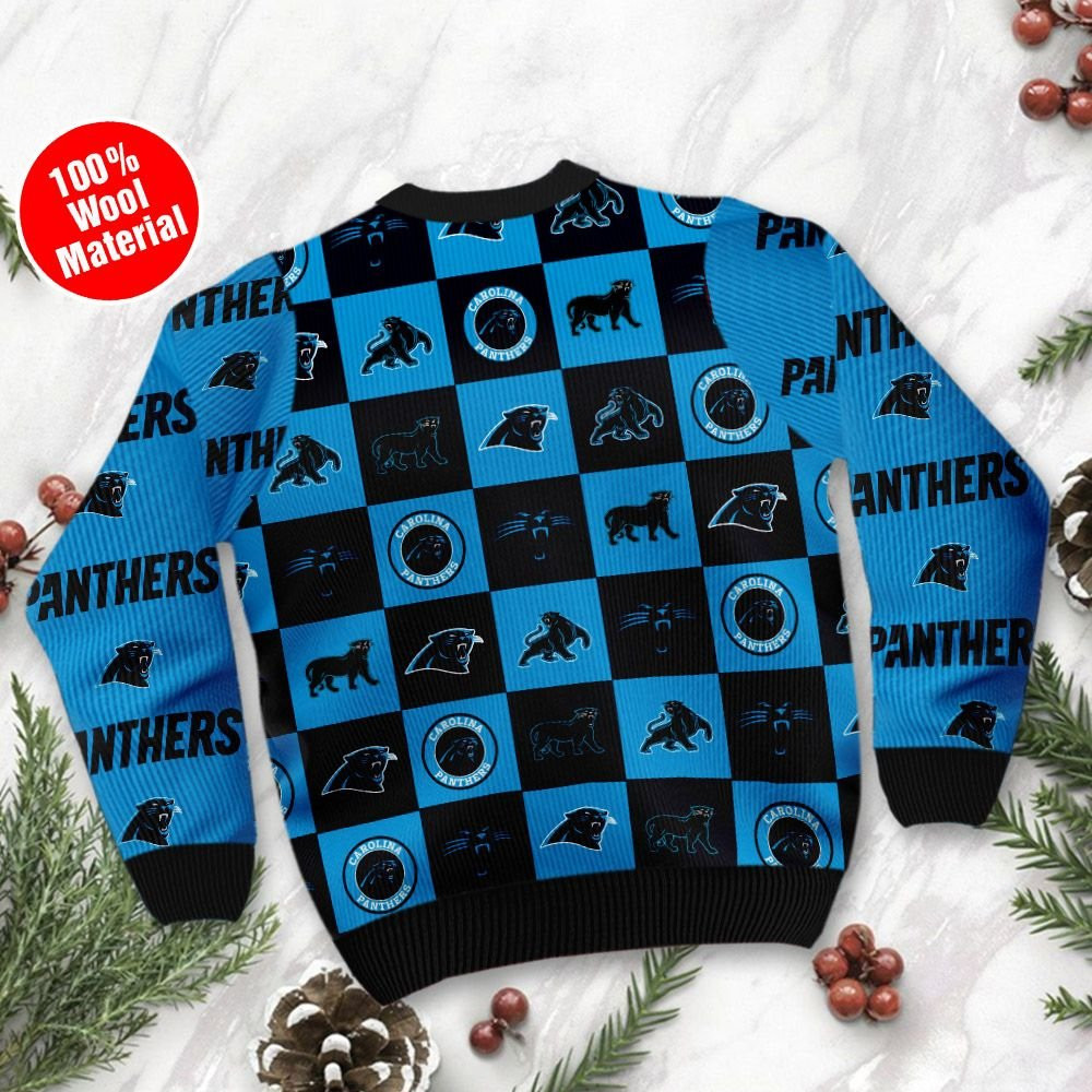 Carolina Panthers Logo Checkered Flannel Ugly Christmas Sweater Adult 3D Funny Matching for family - Image 3