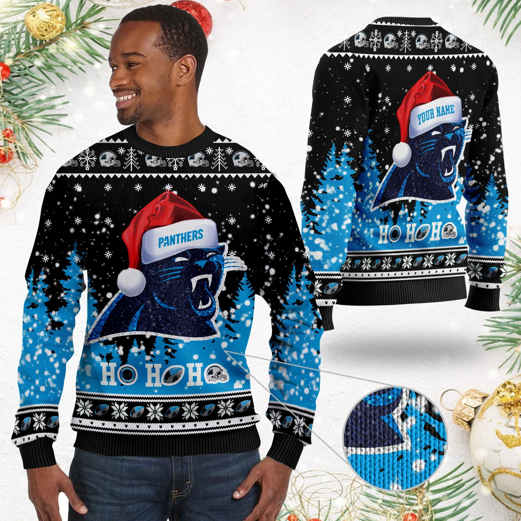 Carolina Panthers Symbol Wearing Santa Claus Hat Ho Ho Ho Custom Personalized Ugly Christmas Sweater Adult 3D Funny Matching for family - Image 2