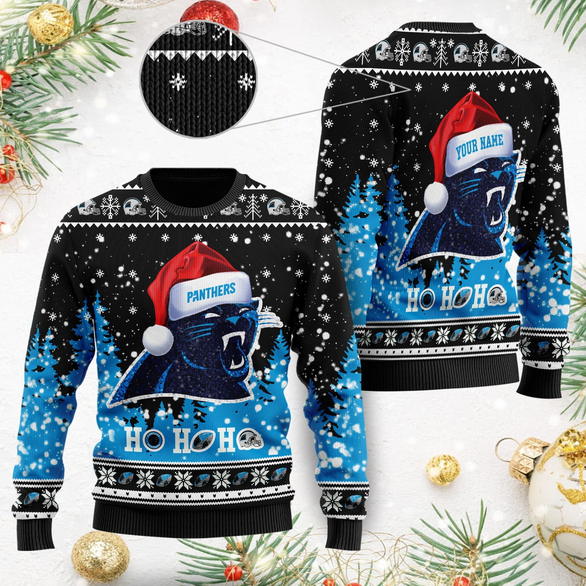 Carolina Panthers Symbol Wearing Santa Claus Hat Ho Ho Ho Custom Personalized Ugly Christmas Sweater Adult 3D Funny Matching for family