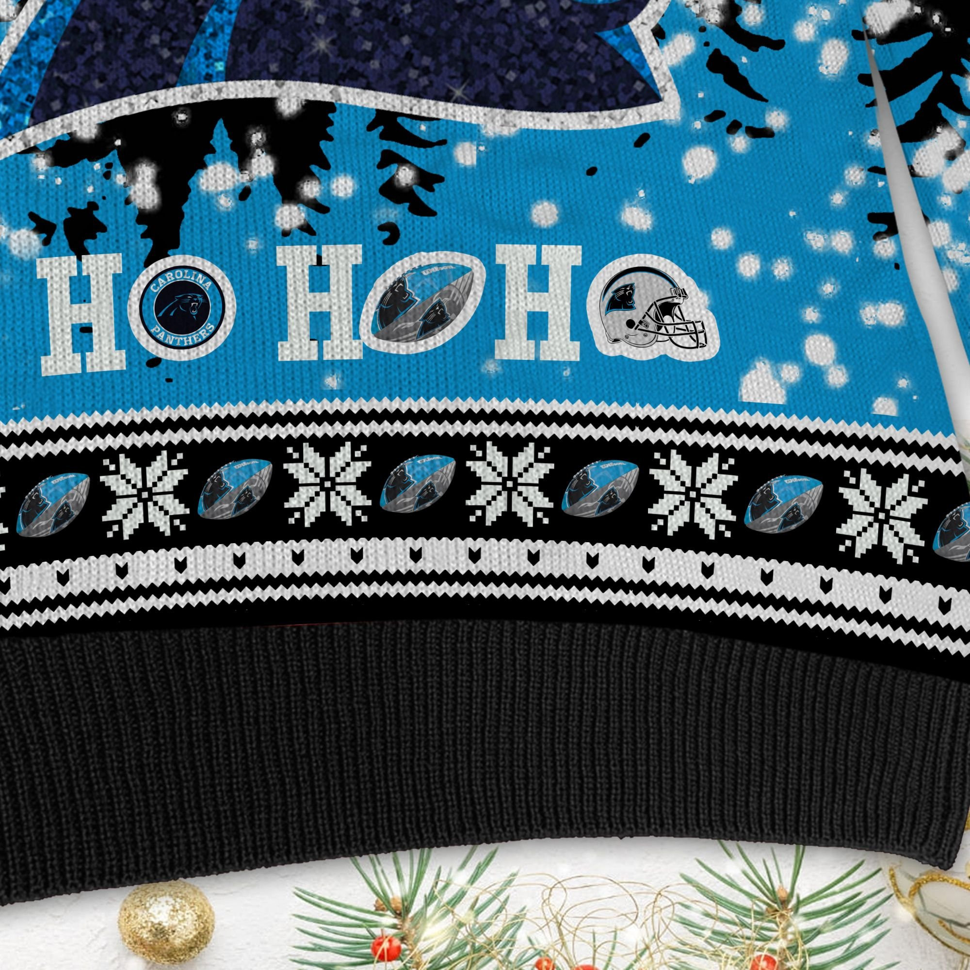Carolina Panthers Symbol Wearing Santa Claus Hat Ho Ho Ho Custom Personalized Ugly Christmas Sweater Adult 3D Funny Matching for family - Image 5
