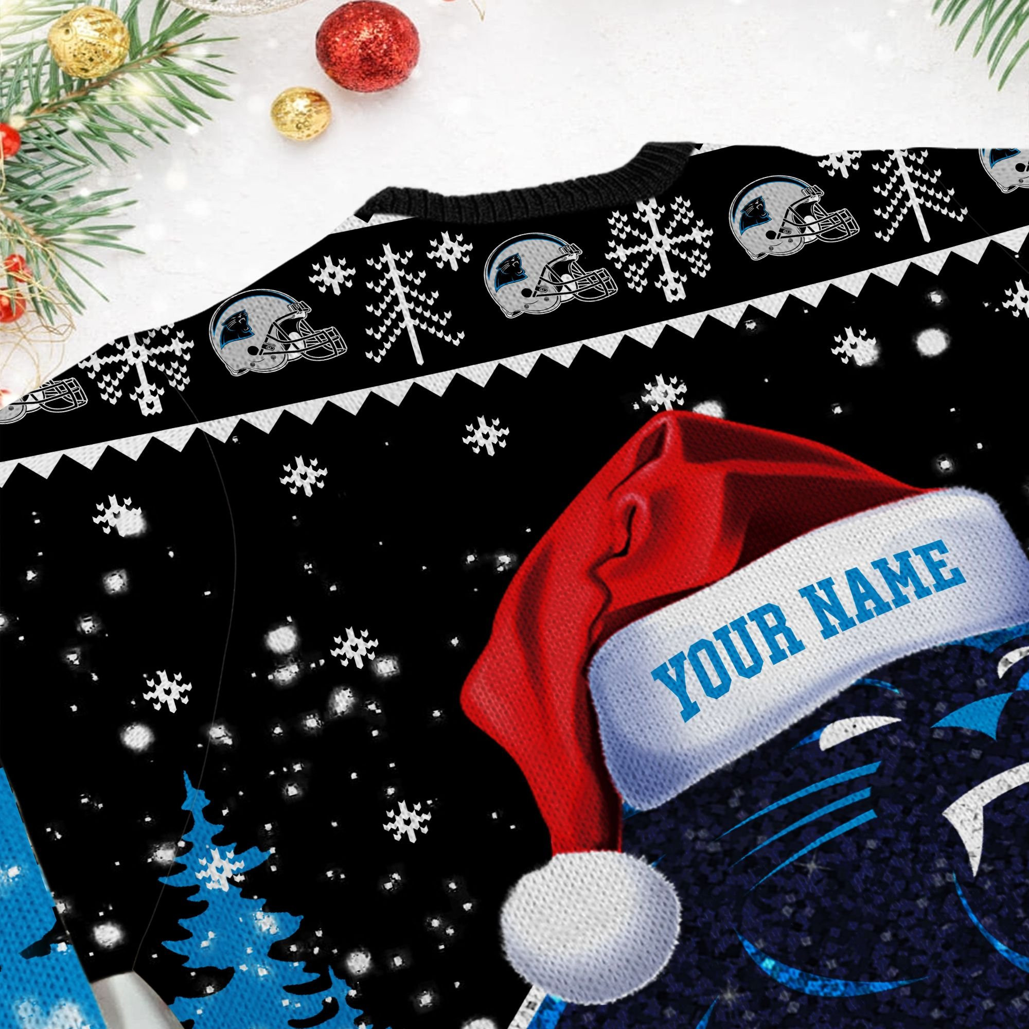 Carolina Panthers Symbol Wearing Santa Claus Hat Ho Ho Ho Custom Personalized Ugly Christmas Sweater Adult 3D Funny Matching for family - Image 6