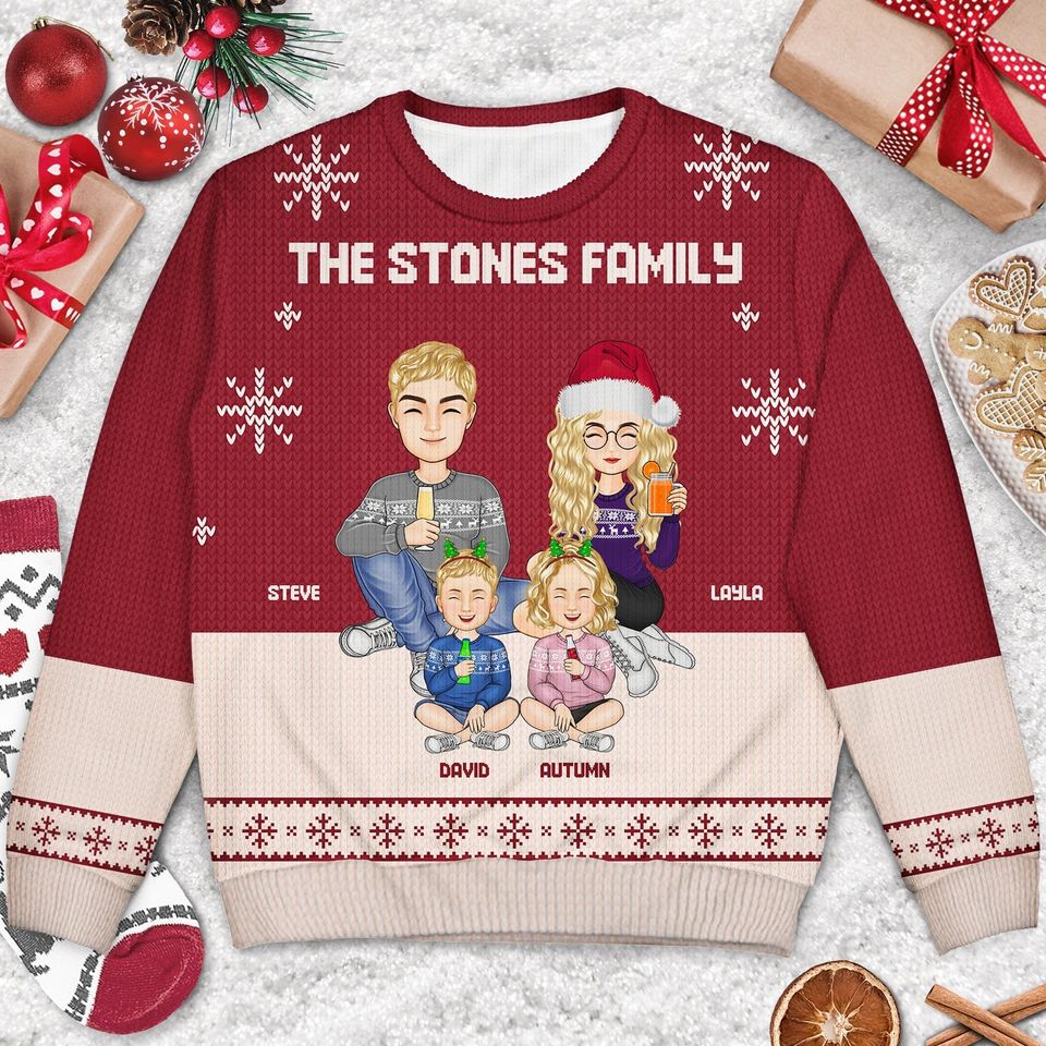 Cartoon Family Sitting - Christmas, Gift For Family - Personalized Unisex Ugly Sweater - Image 3