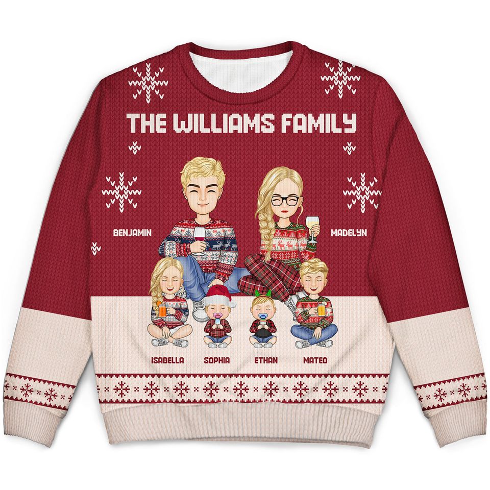 Cartoon Family Sitting Christmas Gift For Family Personalized Unisex Ugly Sweatshirt