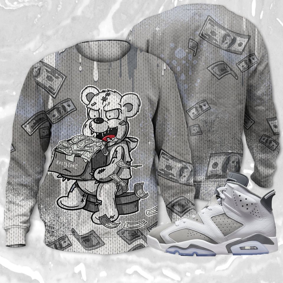Cash Money 3D Splash Paint Ugly Sweater Match Jordan 6 Cool Grey