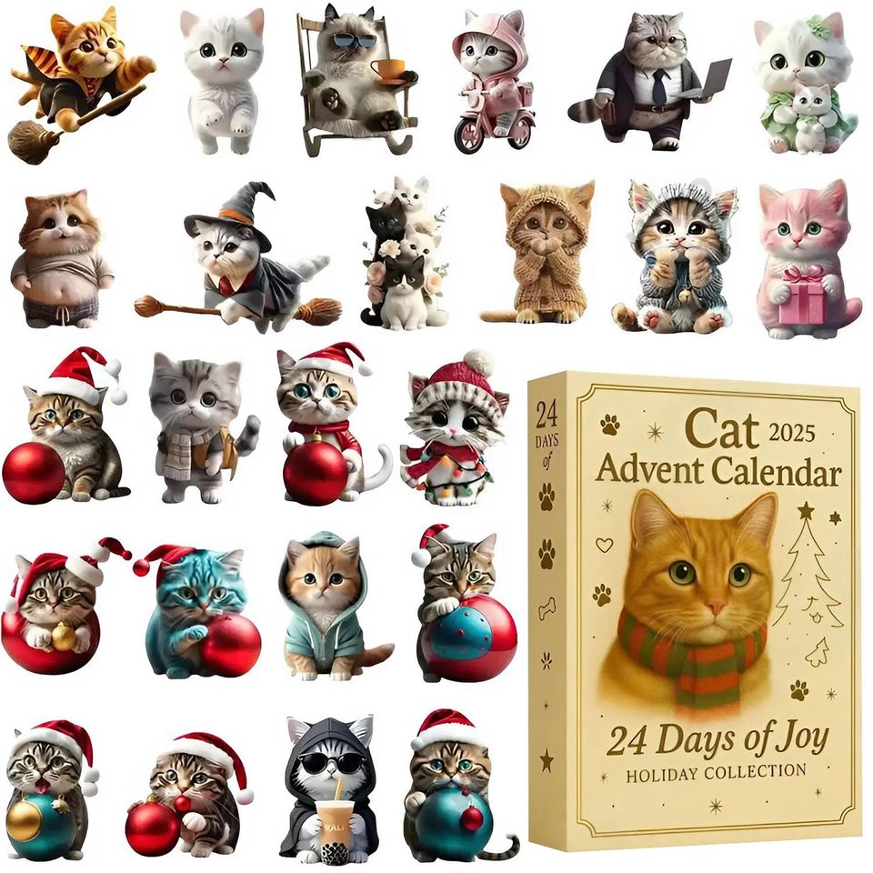 Cat Advent Calendar 2025, 24 Day Cat Figurines: Vintage Christmas Ornament Countdown