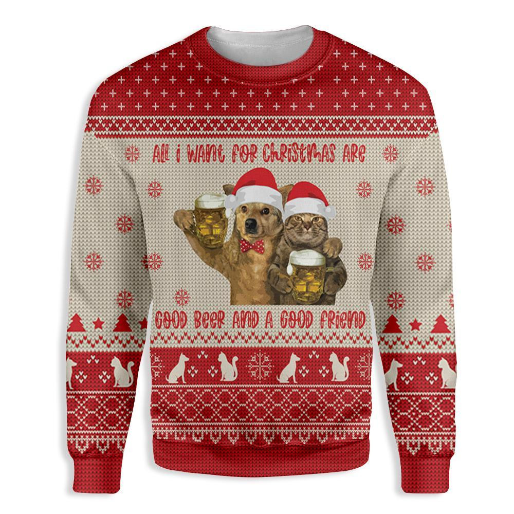 Cat All I Want For Christmas Are Good Beer And A Good Friend Ugly Christmas Sweater Adult 3D Funny Matching for family