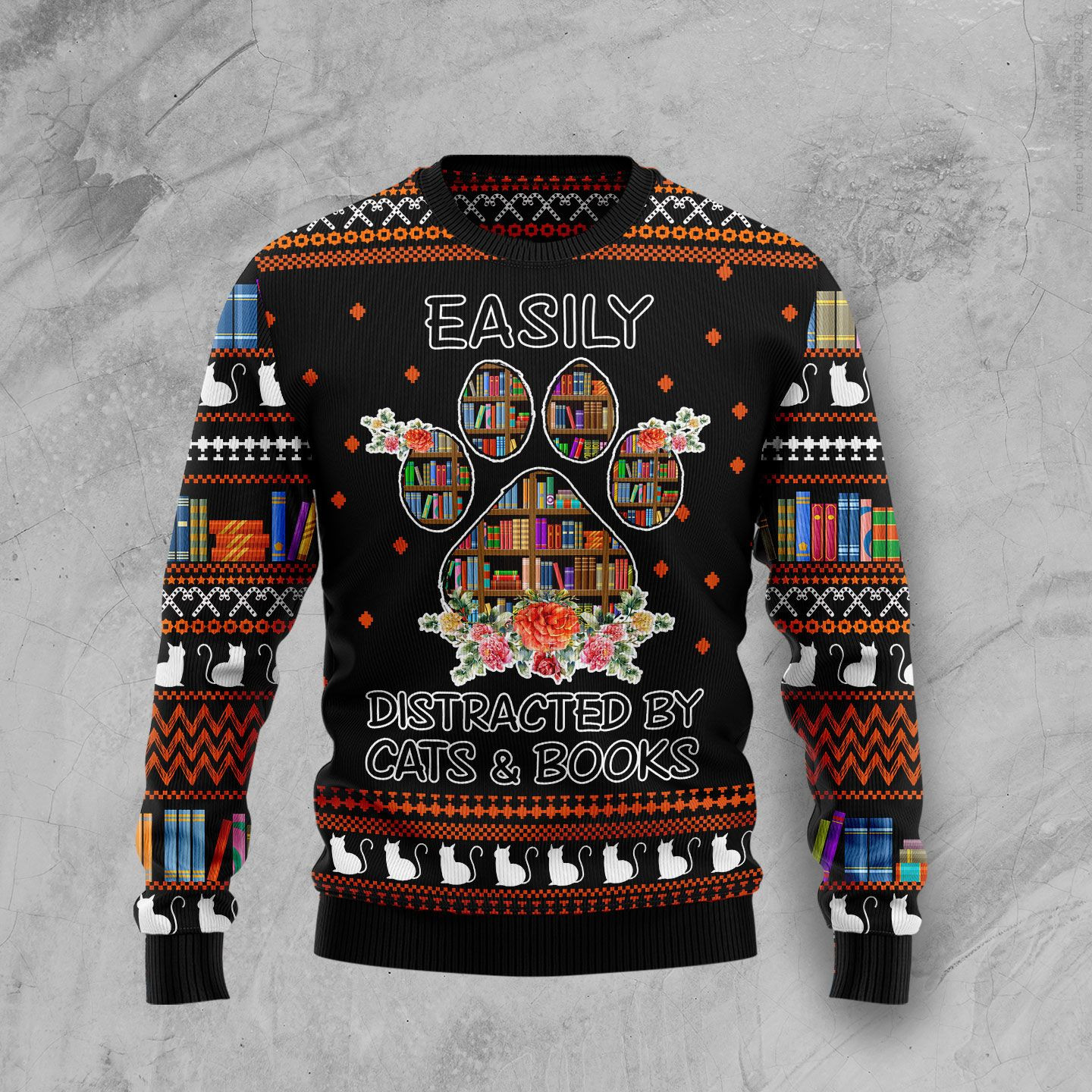 Cat And Books Ugly Christmas Sweater Adult 3D Funny Matching for family