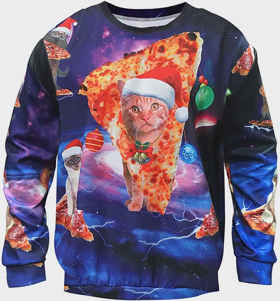 Cat And Pizza Ugly Christmas Sweater Adult 3D Funny Matching for family