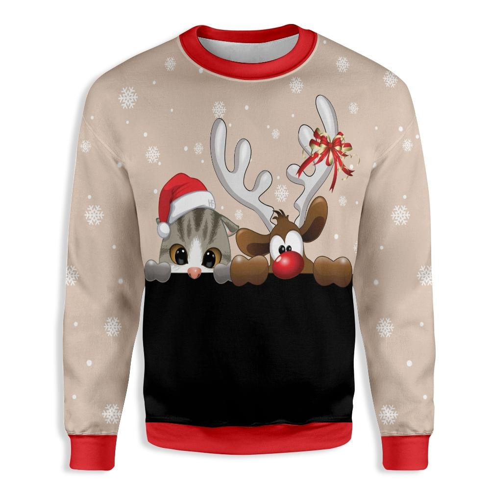 Cat And Reindeer Ugly Christmas Sweater Adult 3D Funny Matching for family