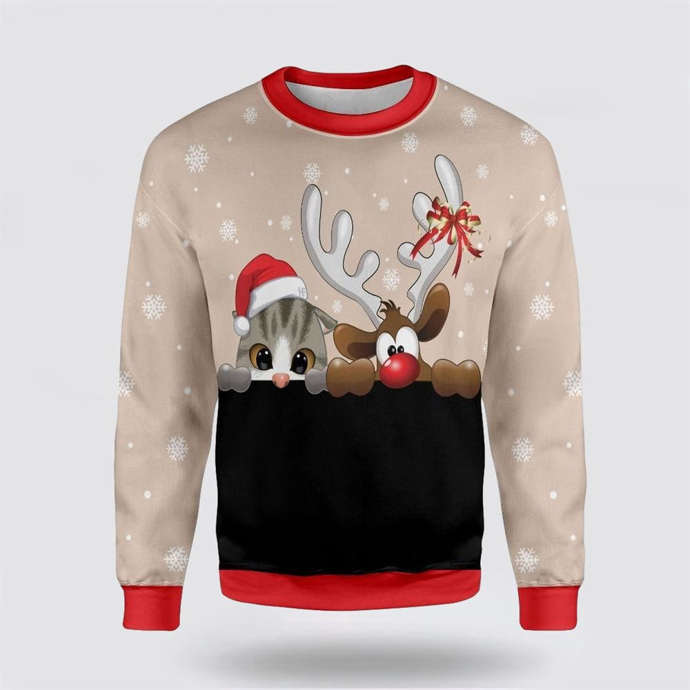 Cat And Reindeer Ugly Christmas Sweater Christmas Unisex Sweater Funny Christmas Sweater