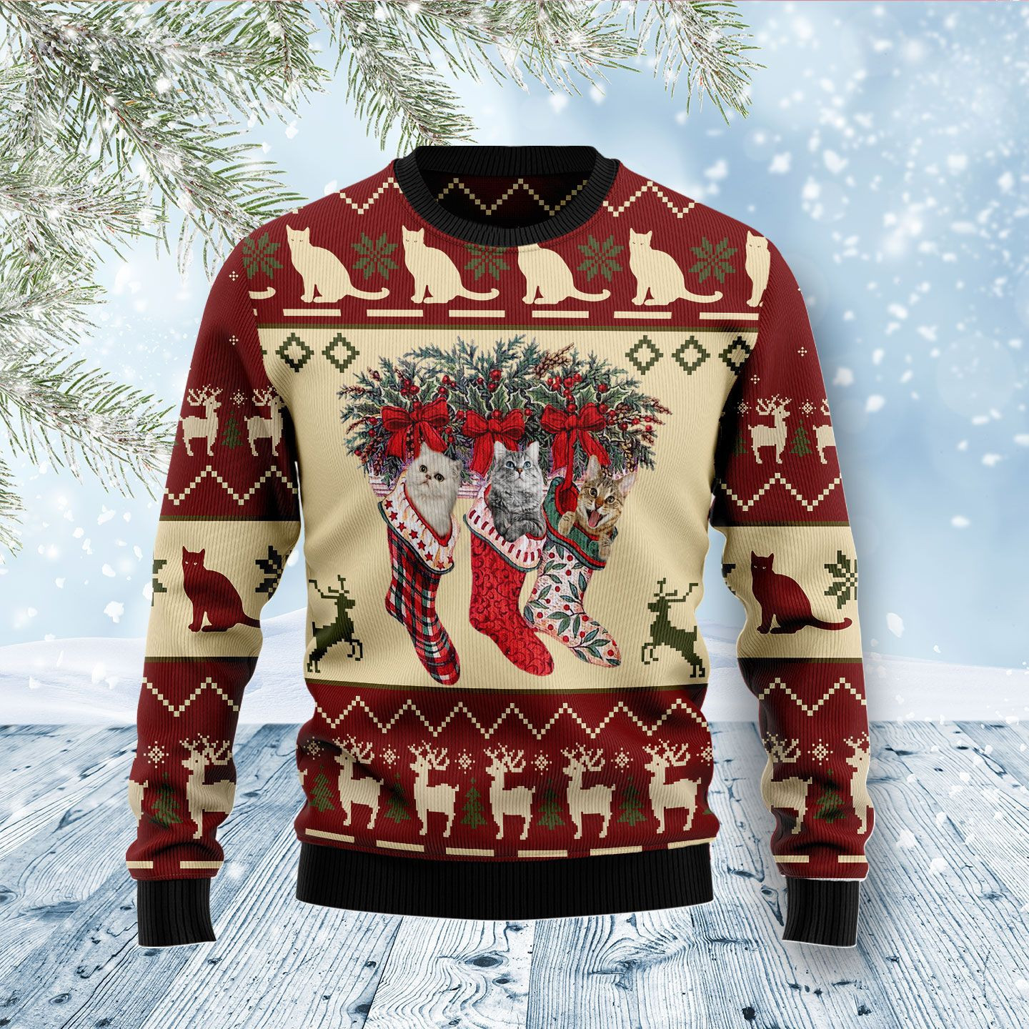 Cat And Sock Xmas Ugly Christmas Sweater Adult 3D Funny Matching for family