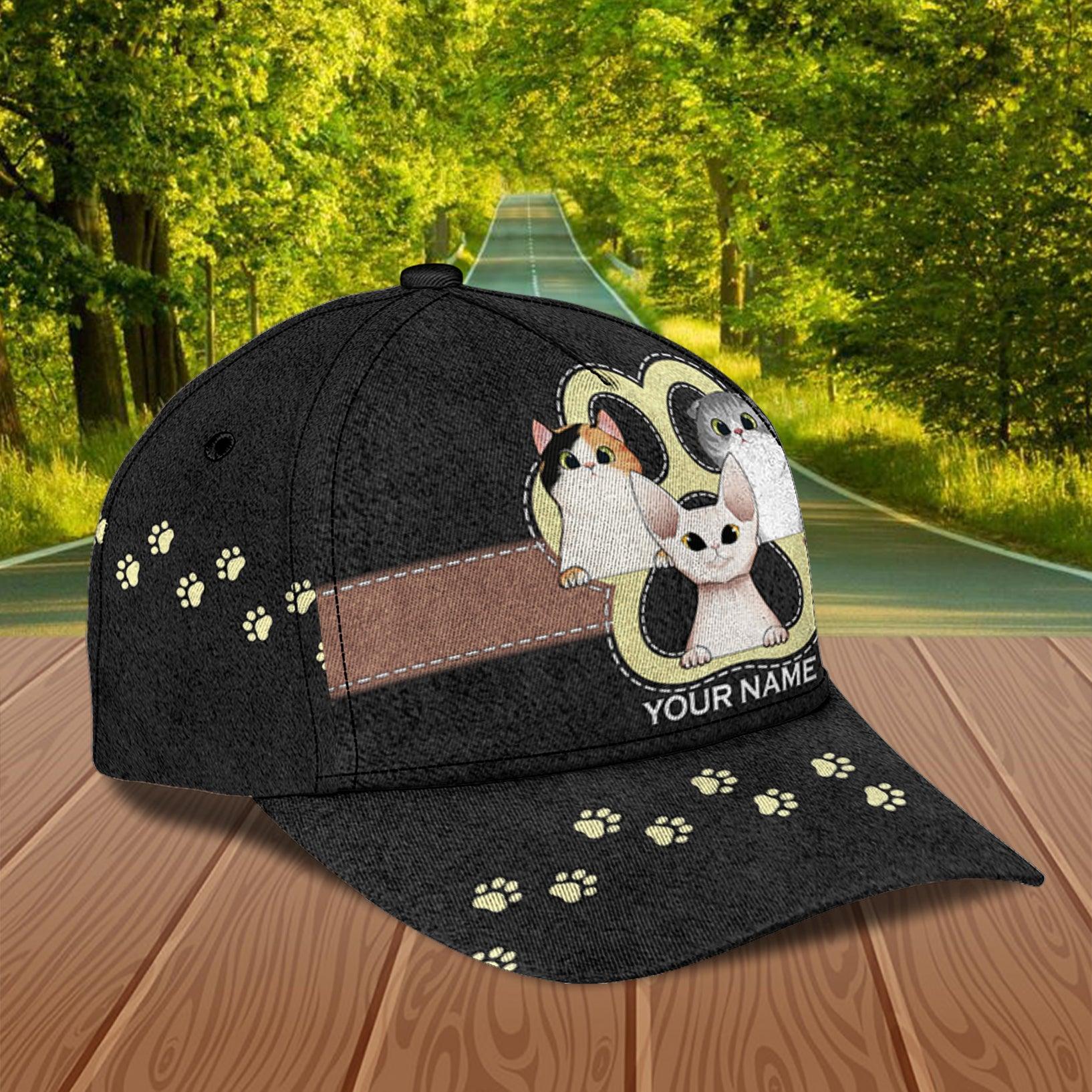 Cat Black And Yellow Big Paw Personalized Classic Cap, Personalized Gift for Cat Lovers, Cat Mom, Cat Dad Trucker Hats Custom Hats Gifts For Men & Women