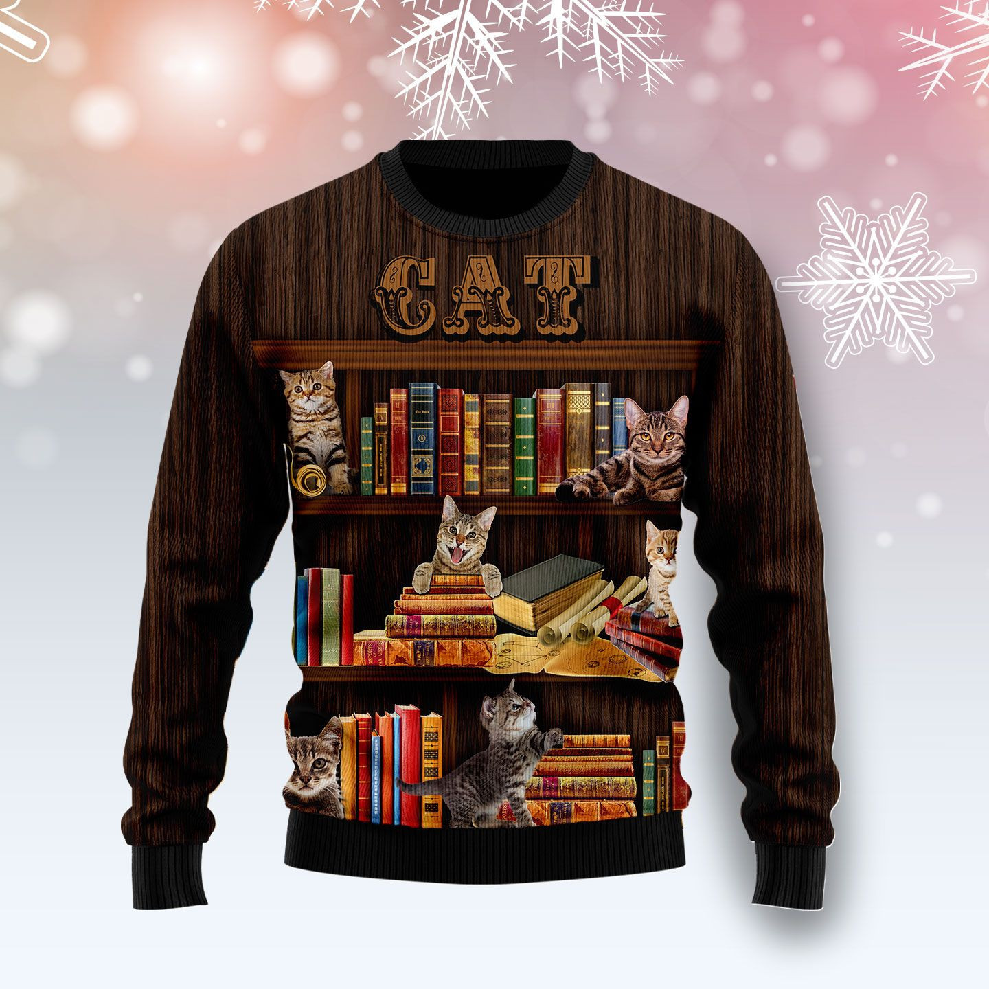 Cat Bookcase Ugly Christmas Sweater Adult 3D Funny Matching for family