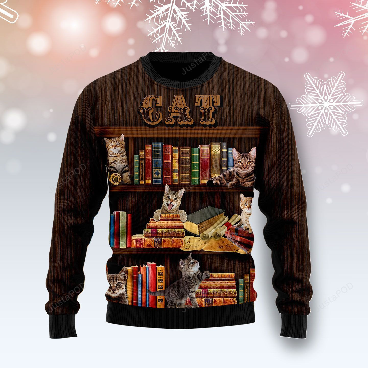 Cat Bookcase Ugly Christmas Sweater Adult 3D Funny Matching for family