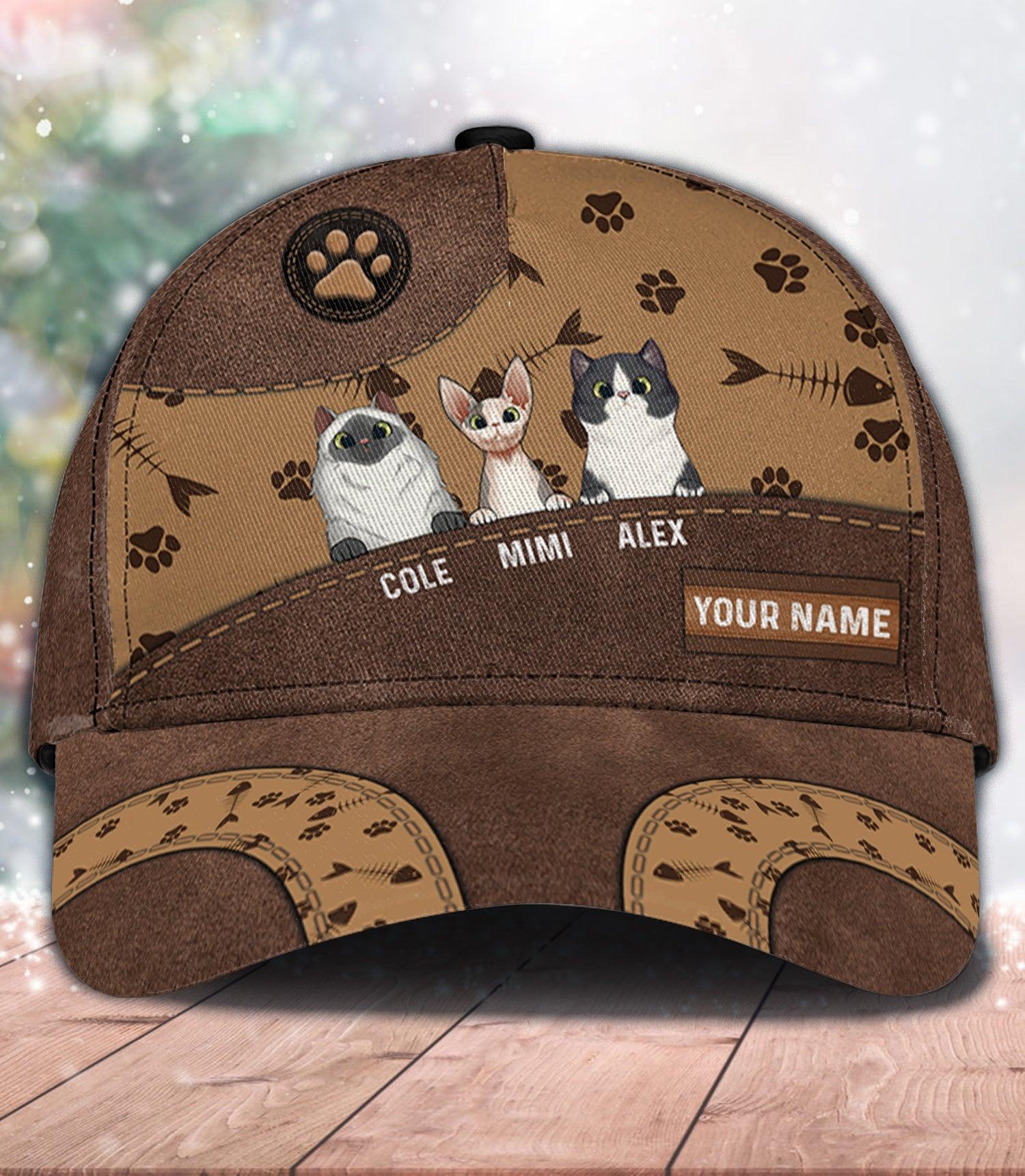 Cat Brown Bone And Paw Pattern Personalized Classic Cap, Personalized Gift for Cat Lovers, Cat Mom, Cat Dad Trucker Hats Custom Hats Gifts For Men & Women