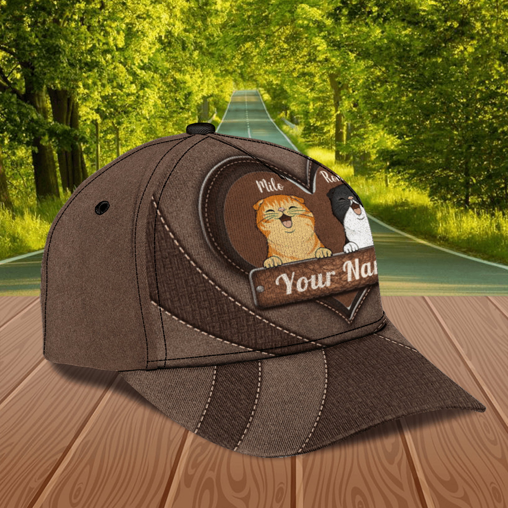 Cat Brown Heart Personalized Classic Cap, Personalized Gift for Cat Lovers, Cat Mom, Cat Dad Trucker Hats Custom Hats Gifts For Men & Women