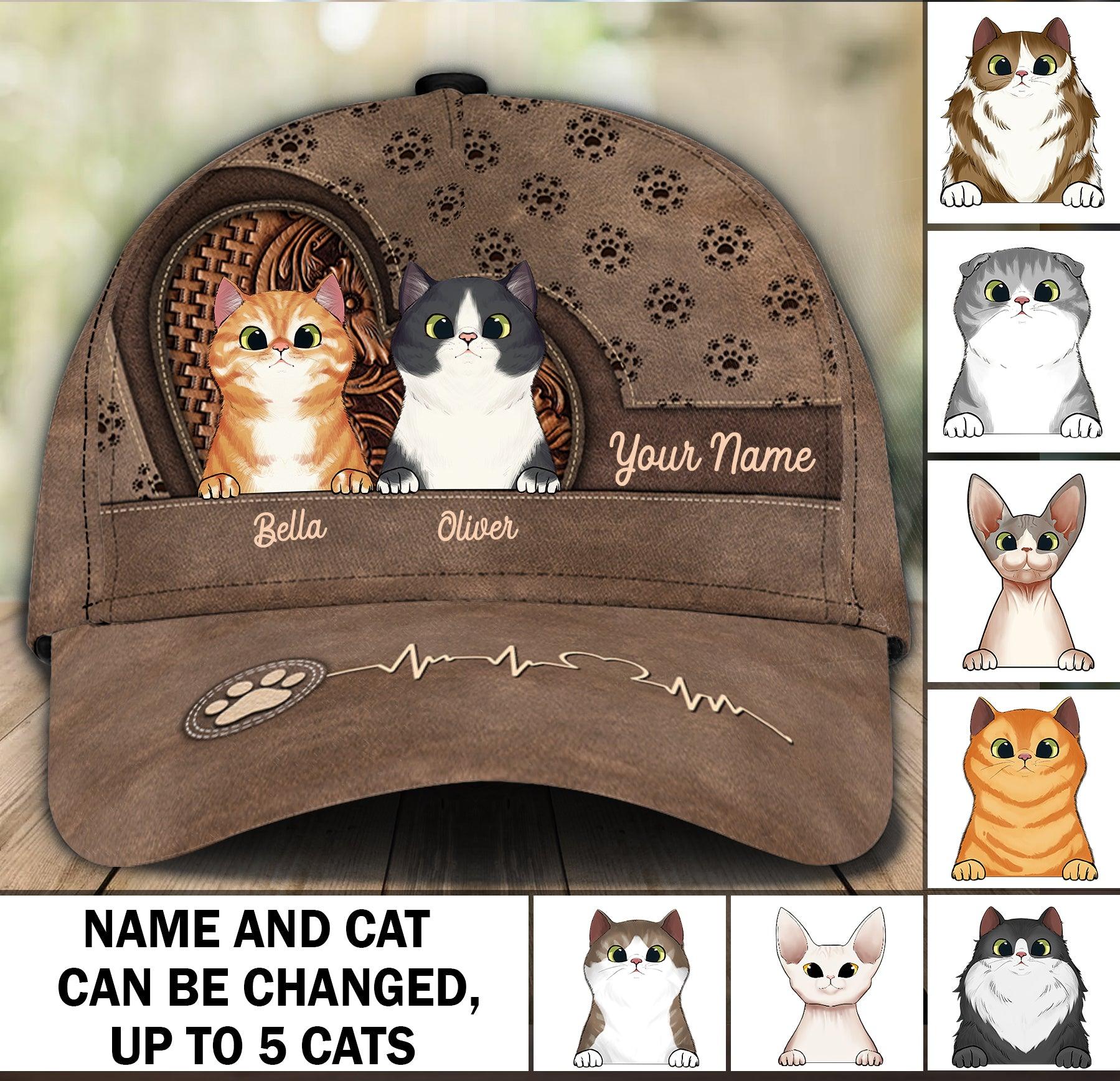 Cat Brown Heart Personalized Classic Cap, Personalized Gift for Cat Lovers, Cat Mom, Cat Dad Trucker Hats Custom Hats Gifts For Men & Women