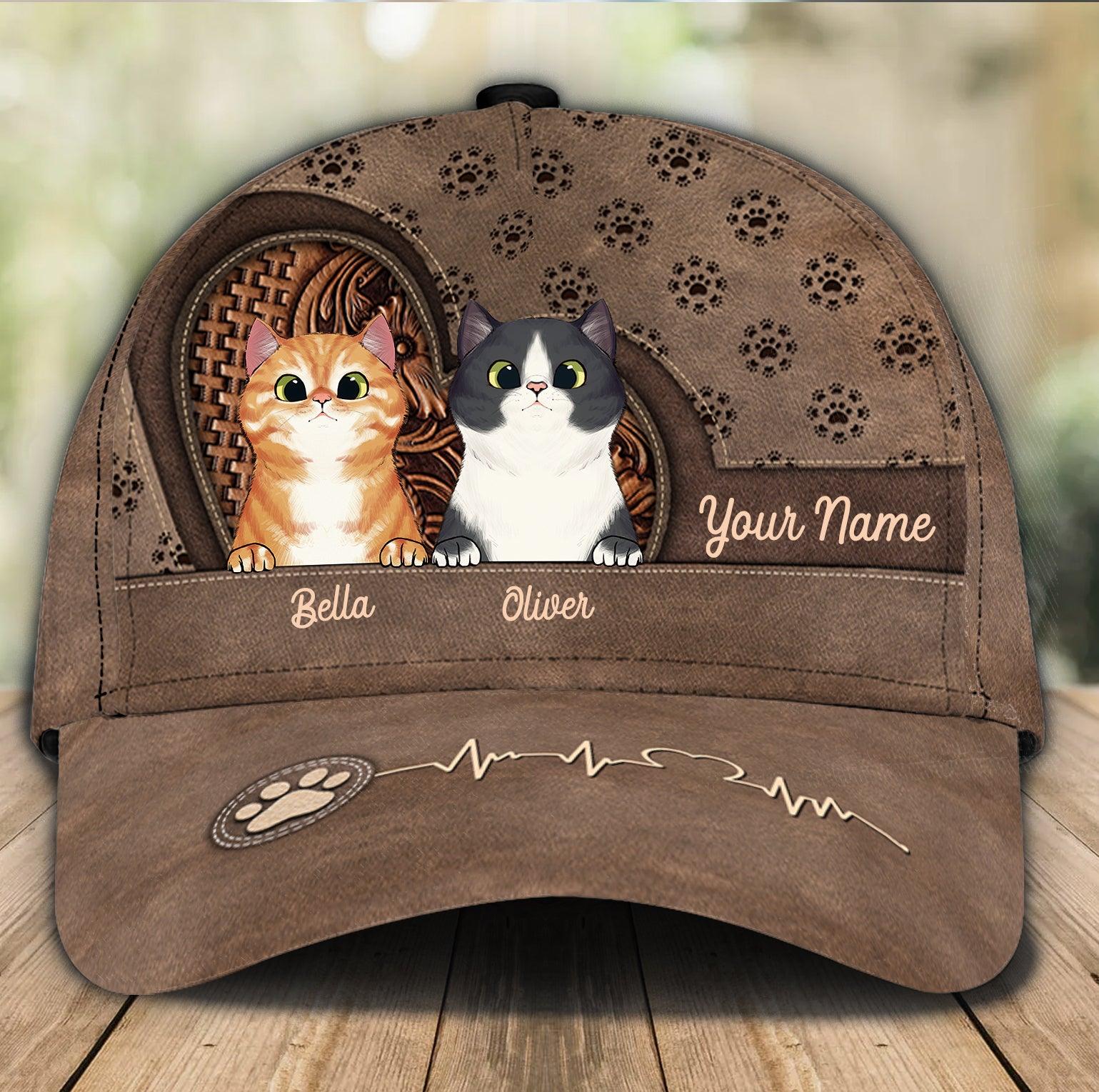 Cat Brown Heart Personalized Classic Cap, Personalized Gift for Cat Lovers, Cat Mom, Cat Dad Trucker Hats Custom Hats Gifts For Men & Women