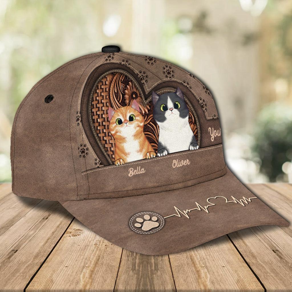 Cat Brown Heart Personalized Classic Cap, Personalized Gift for Cat Lovers, Cat Mom, Cat Dad Trucker Hats Custom Hats Gifts For Men & Women