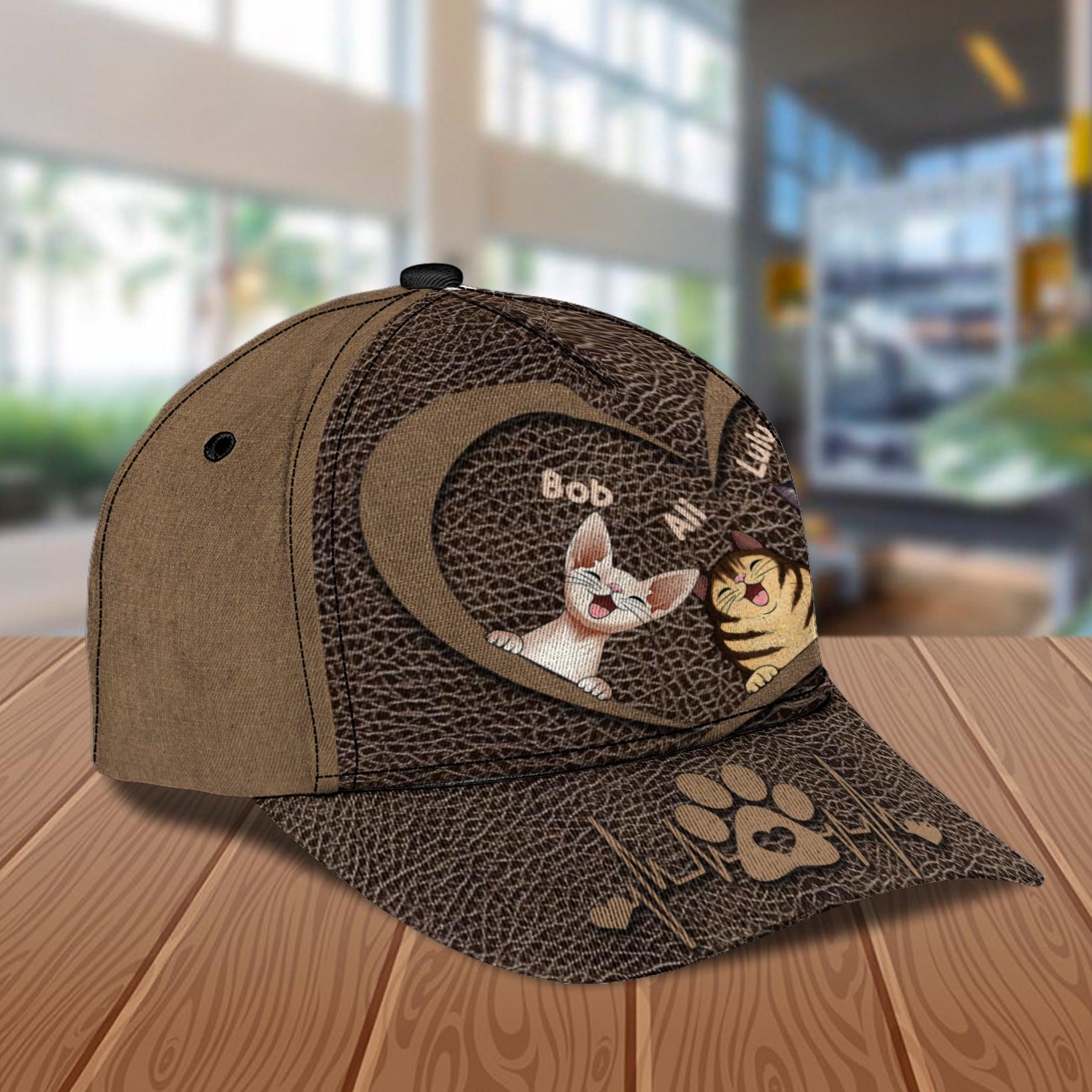 Cat Brown Leather Heart Personalized Classic Cap, Personalized Gift for Cat Lovers, Cat Mom, Cat Dad Trucker Hats Custom Hats Gifts For Men & Women