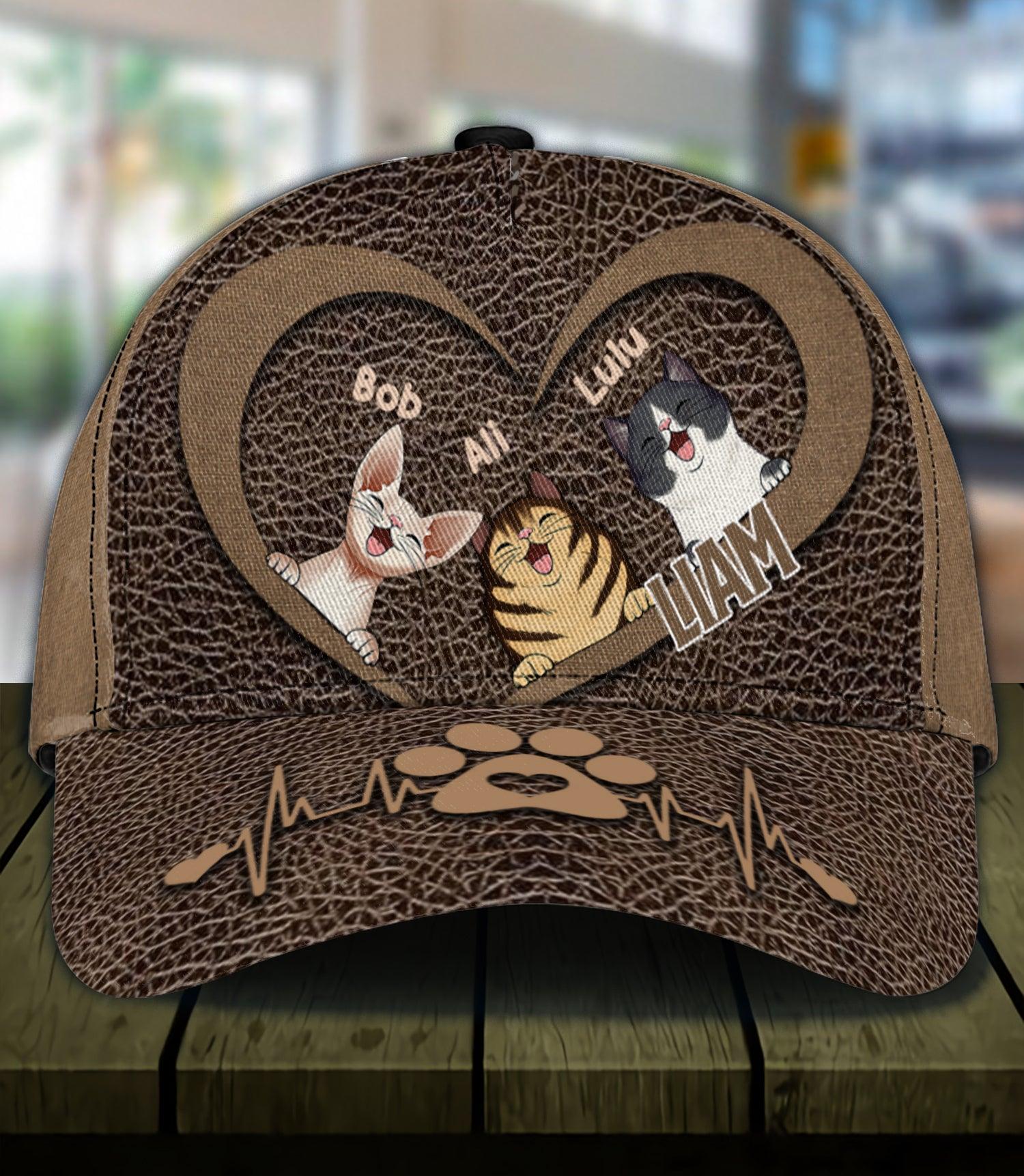 Cat Brown Leather Heart Personalized Classic Cap, Personalized Gift for Cat Lovers, Cat Mom, Cat Dad Trucker Hats Custom Hats Gifts For Men & Women