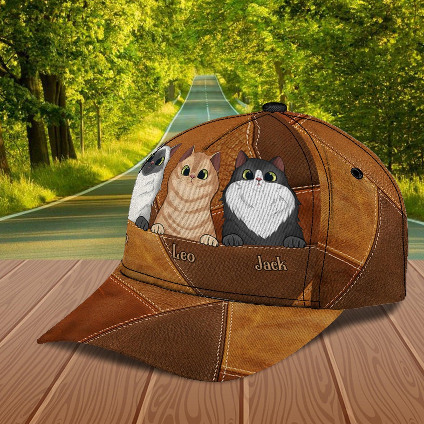 Cat Brown Leather Pattern Personalized Classic Cap, Personalized Gift for Cat Lovers, Cat Mom, Cat Dad Trucker Hats Custom Hats Gifts For Men & Women