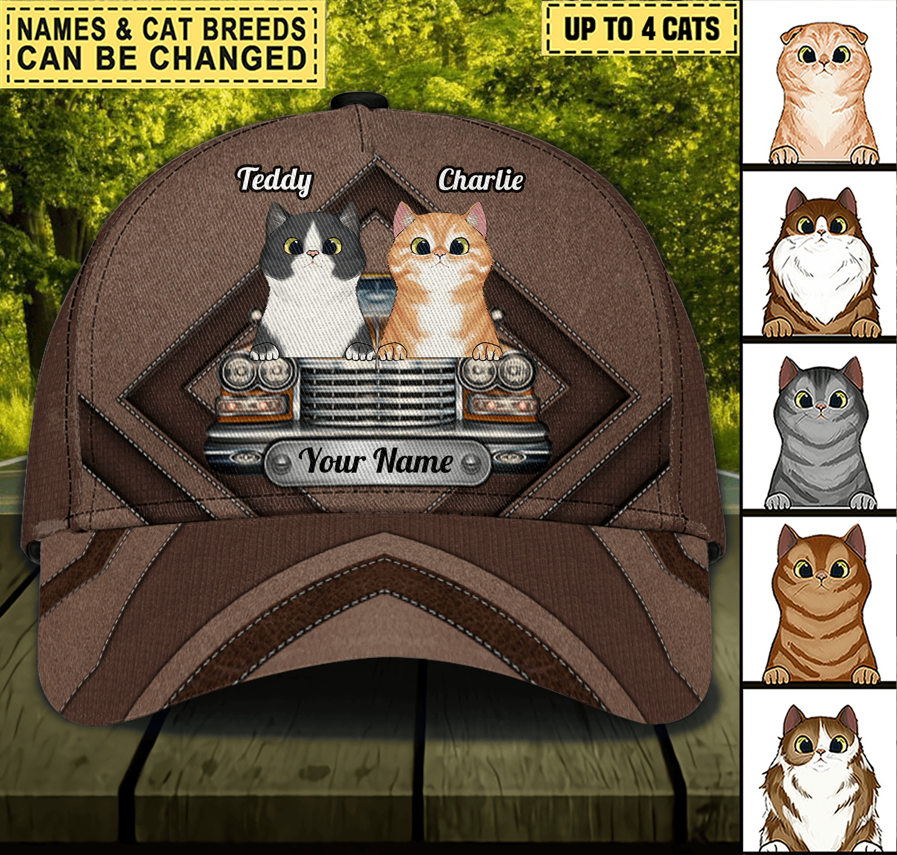 Cat Brown Vintage Car Personalized Classic Cap, Personalized Gift for Cat Lovers, Cat Mom, Cat Dad Trucker Hats Custom Hats Gifts For Men & Women