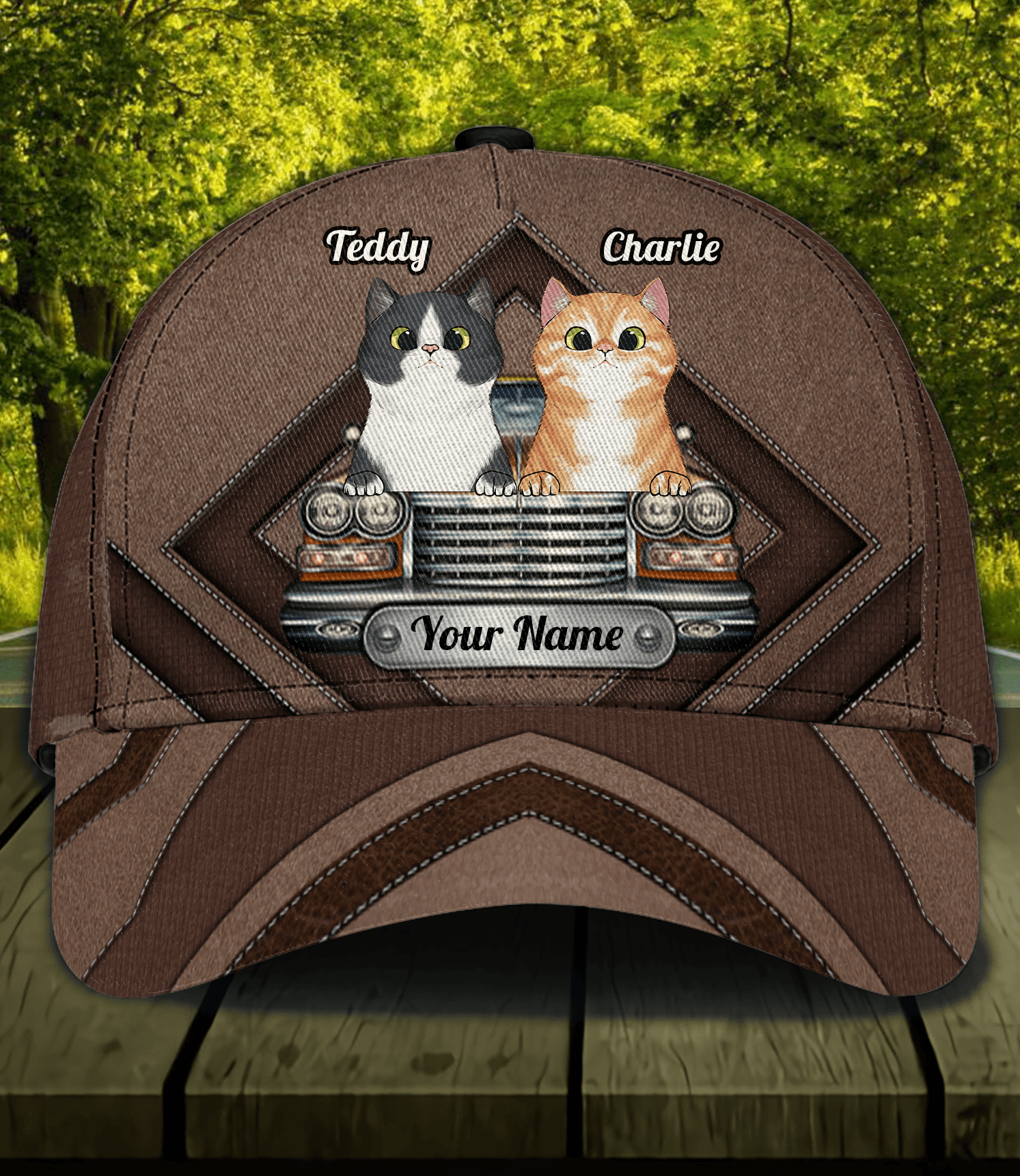 Cat Brown Vintage Car Personalized Classic Cap, Personalized Gift for Cat Lovers, Cat Mom, Cat Dad Trucker Hats Custom Hats Gifts For Men & Women